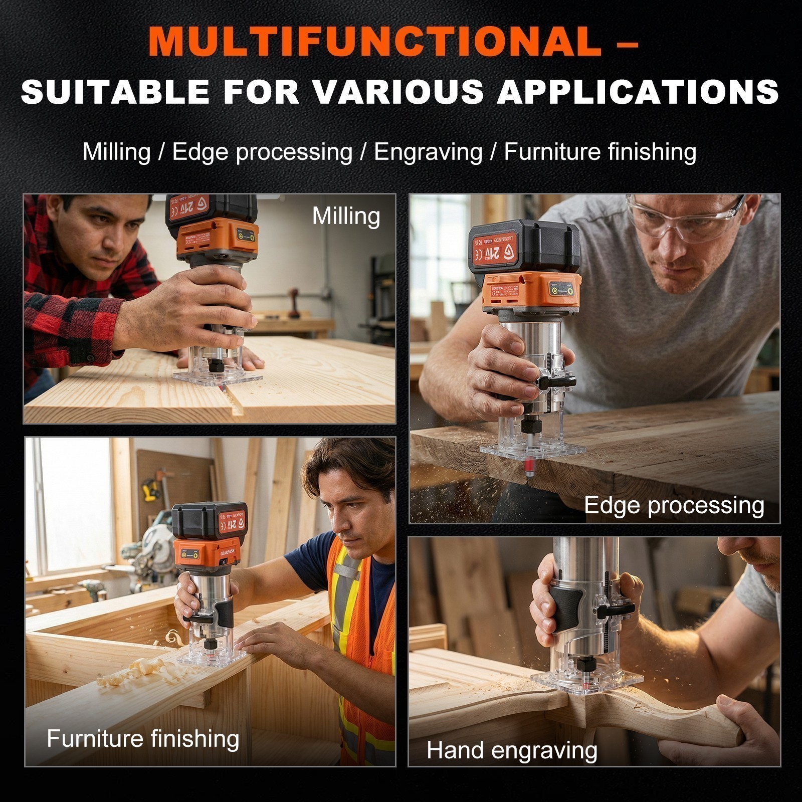 Upgraded 21V Brushless Compact Cordless Wood Router Tool 6 Speeds 2x 21V