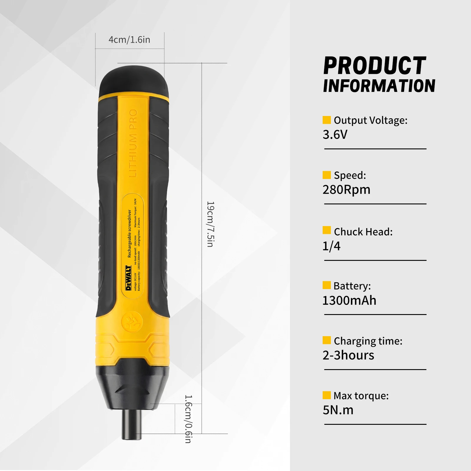 Cordless Electric Screwdriver 3.6V 5N.M 1/4″ Chuck 1300mAh Li-Ion Battery