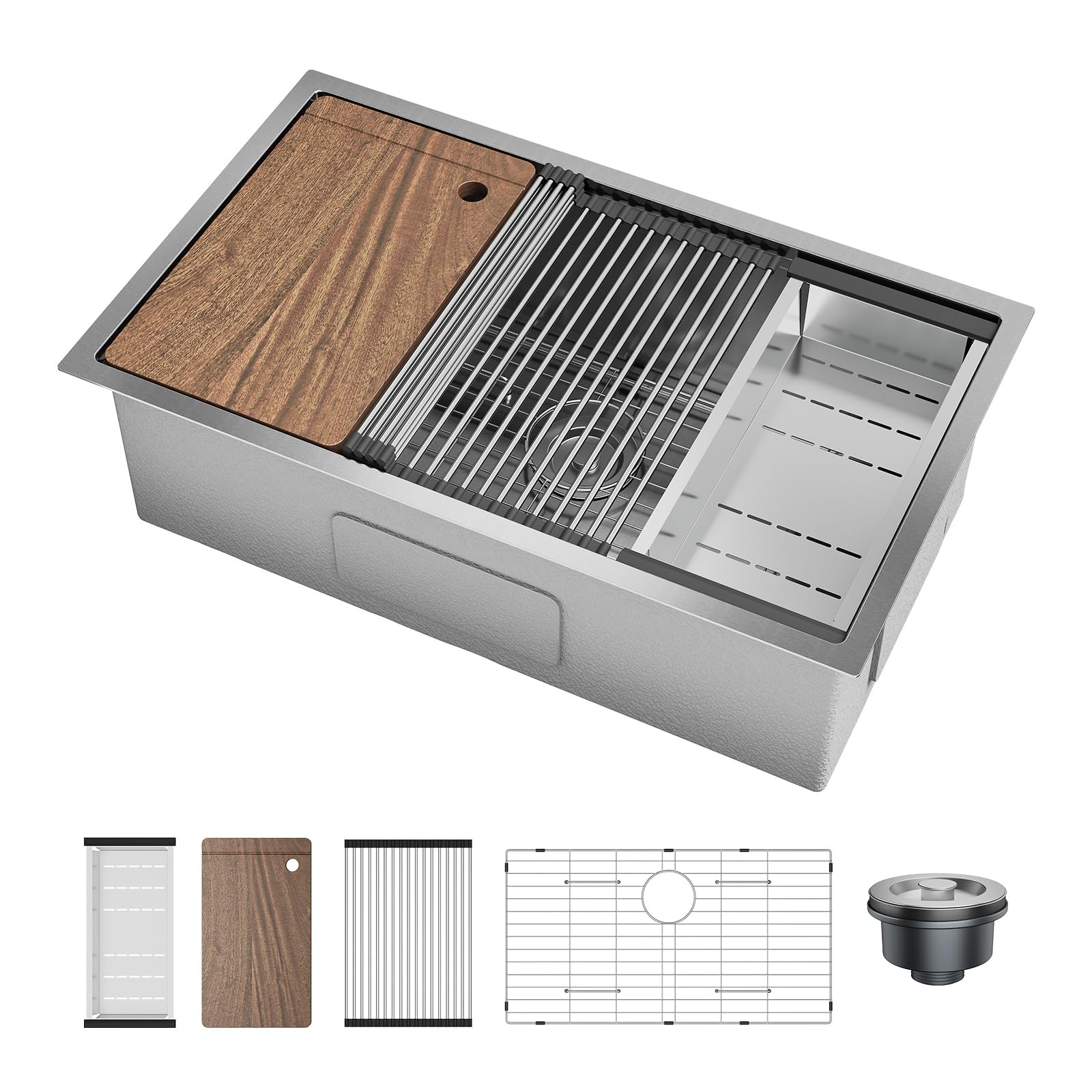 Undermount Kitchen Sink ,32x19x10″ Stainless Steel Single Bowl Sink Workstation