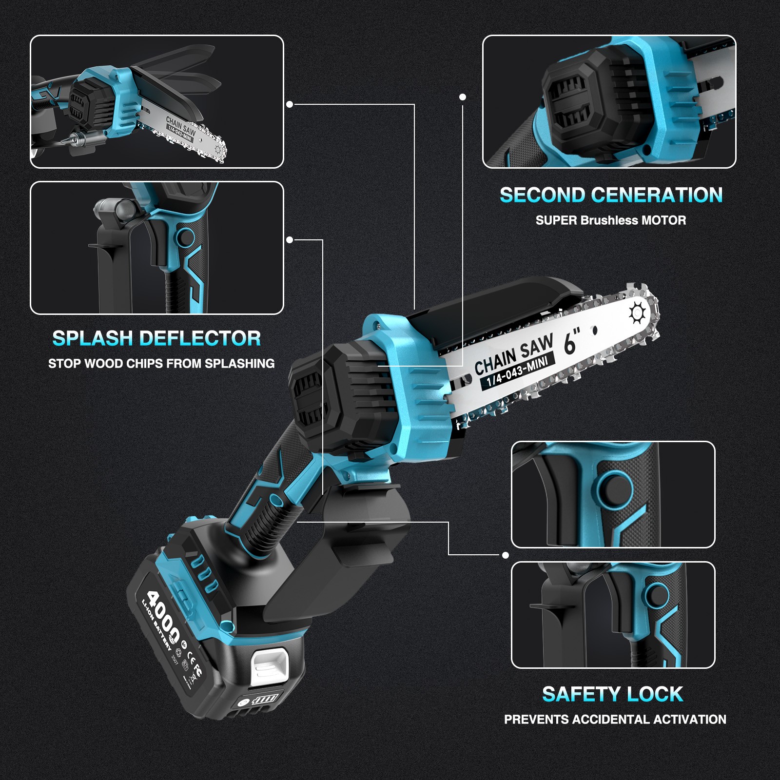 Taskstar 4-in-1 Cordless Pole Saw Brushless& Pruning Shears 6 Inch Mini Chainsaw