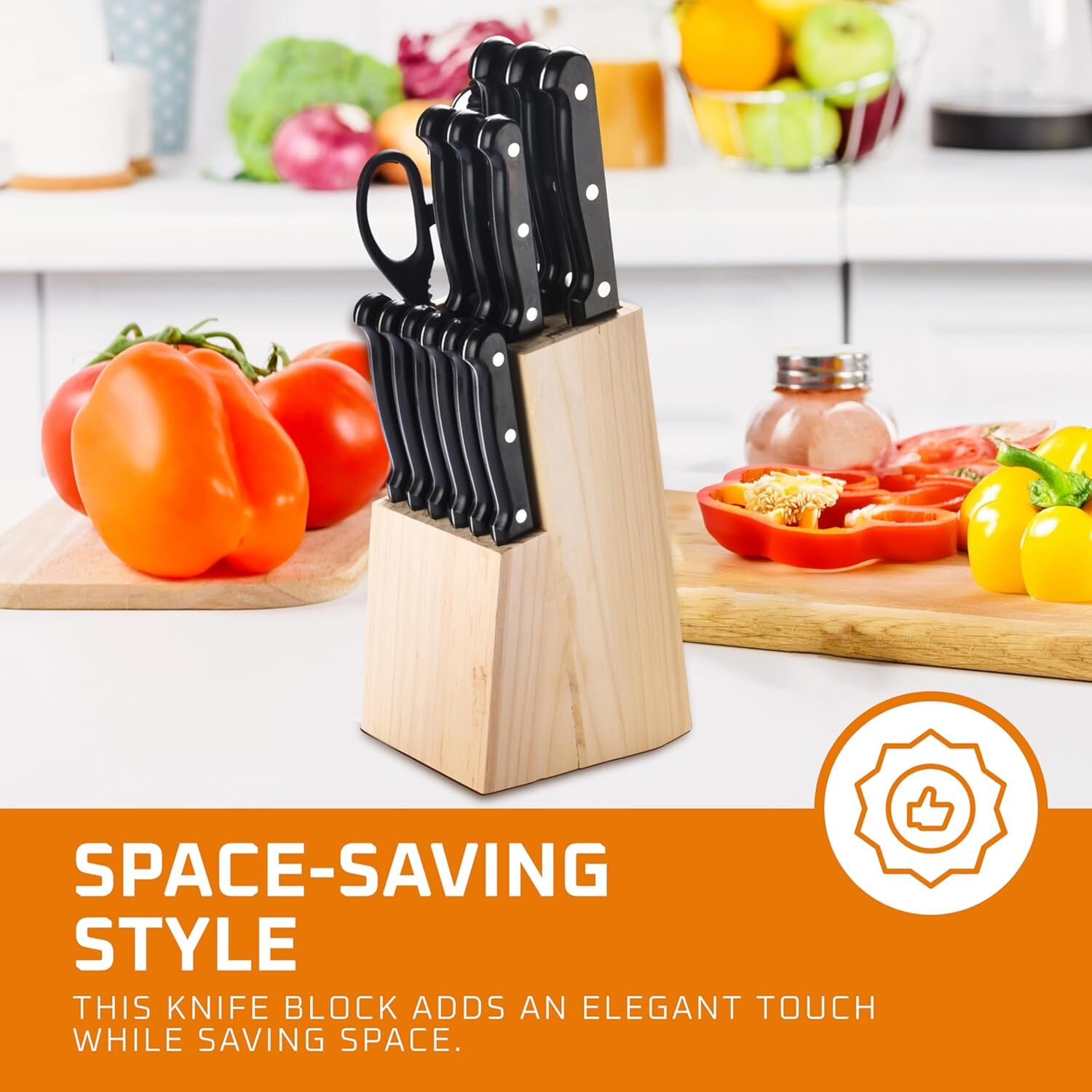 NEW 15-PIECE KITCHEN KNIFE WOOD BLOCK SET STAINLESS STEEL