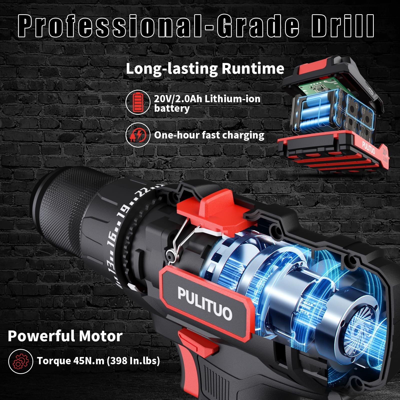Cordless Drill Set 20v/2.0ah Electric Power Drill Torque 45n.m 25+1 Torque Setti