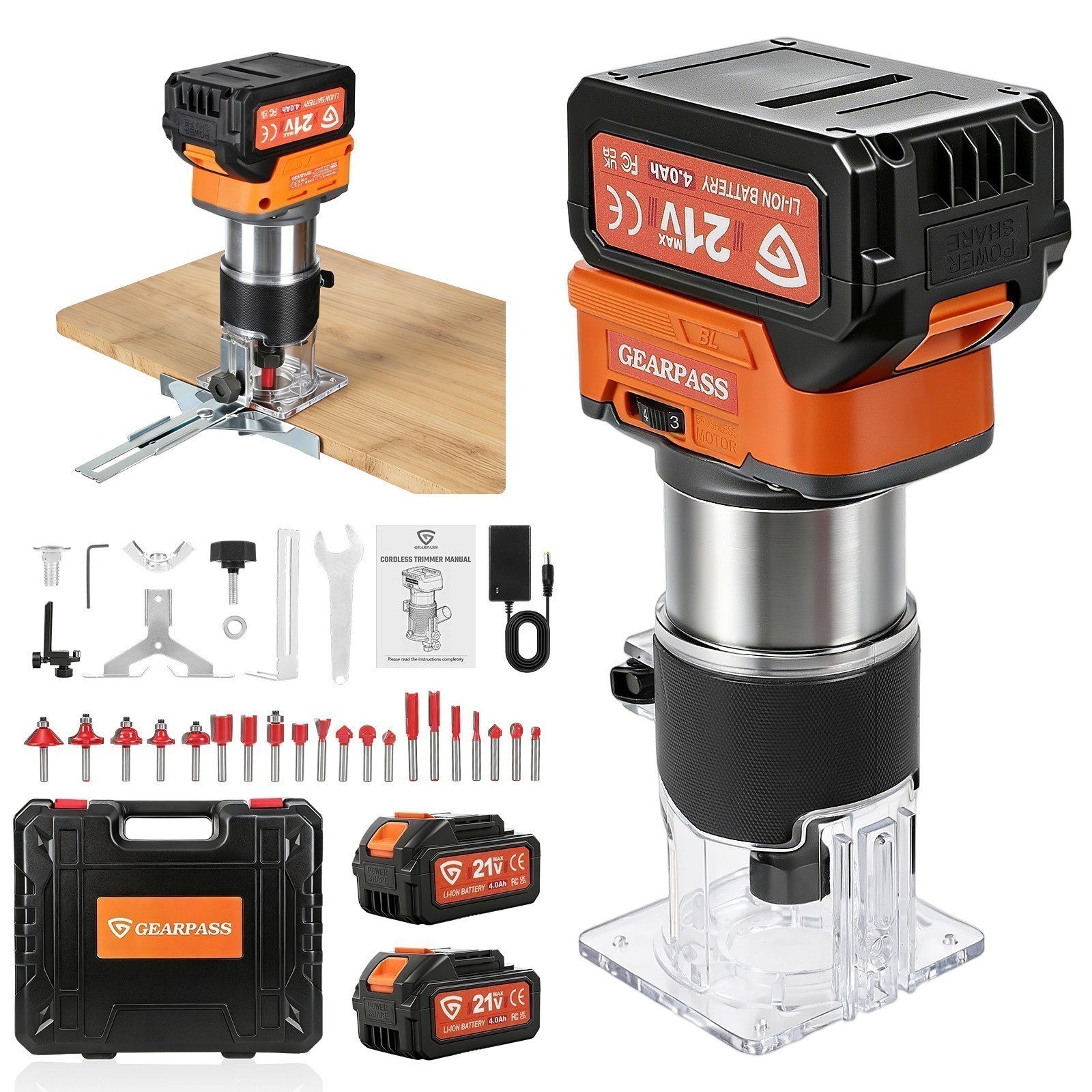 Upgraded 21V Brushless Compact Cordless Wood Router Tool 6 Speeds 2x 21V
