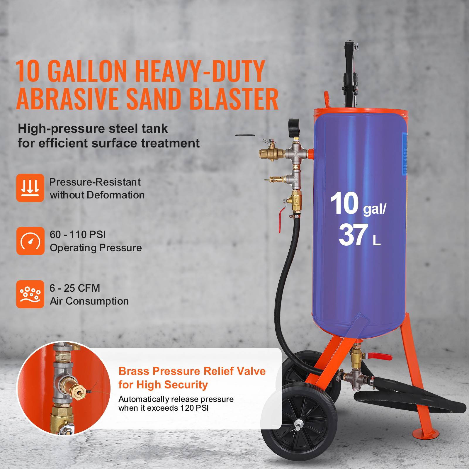 VEVOR 10 Gallon Heavy-Duty Sand Blaster 60-110 PSI with 2 Nozzles & 7.5ft Hose