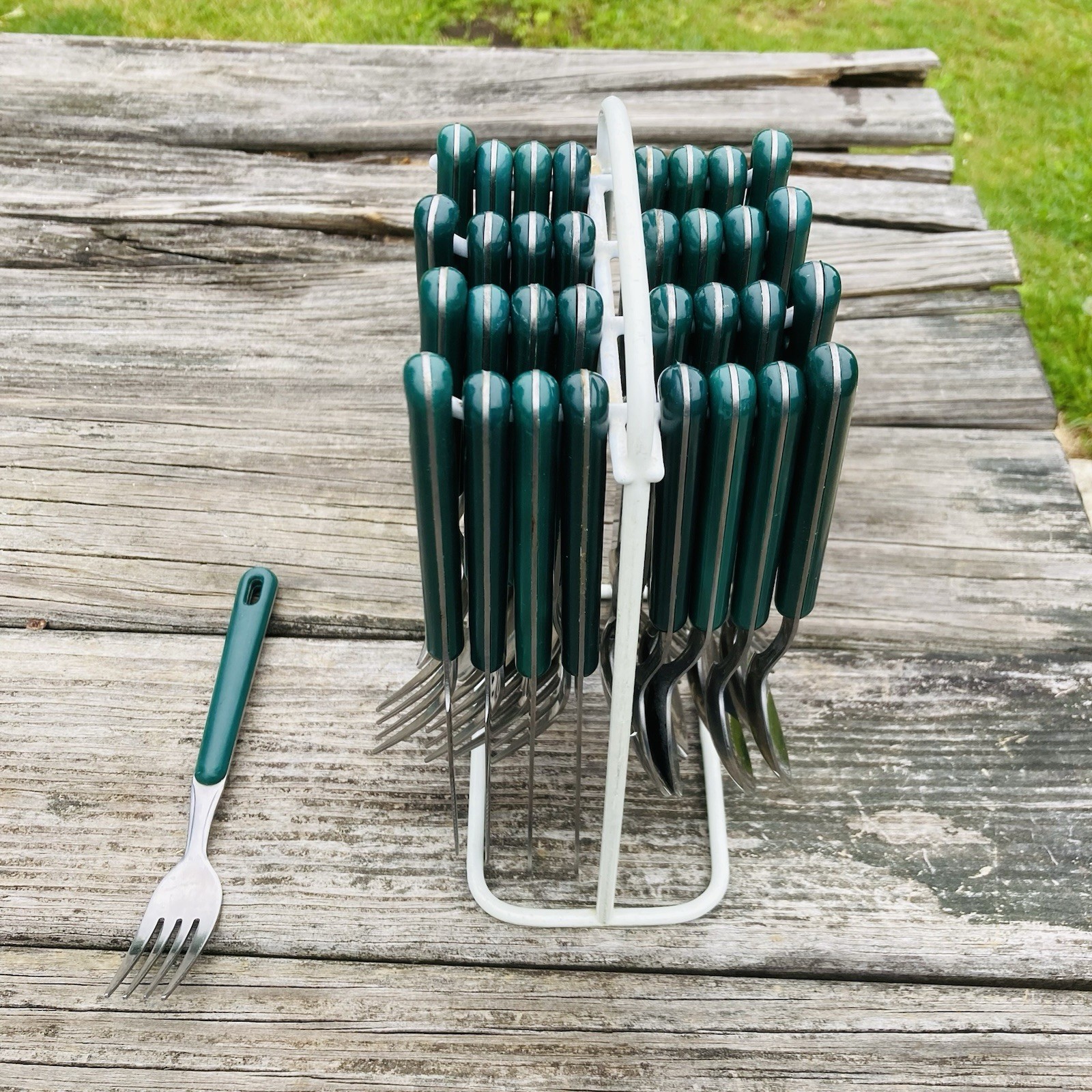 Vintage 1970s Stainless Flatware Set Thailand Dk Green W/ White Rack 33 Pc