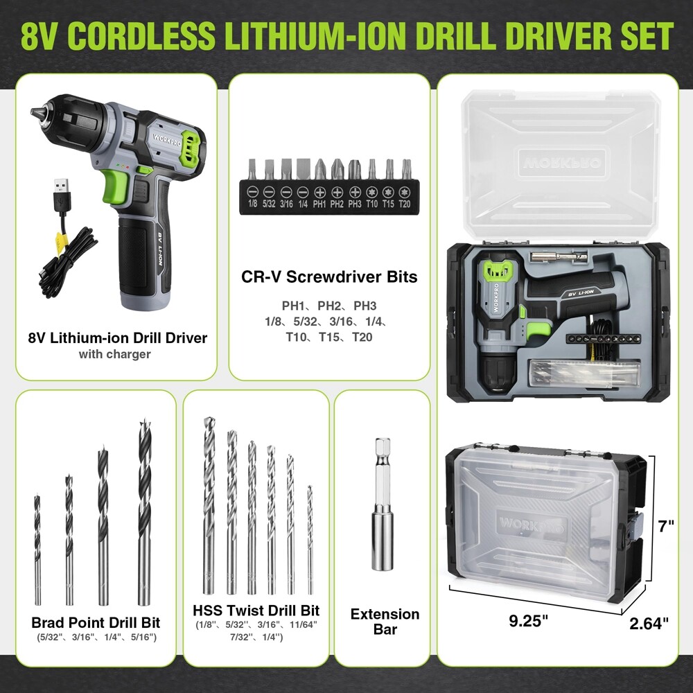 WORKPRO Cordless Power Drill Set 8V Drill Driver 2.0Ah Electric Screwdriver Kits