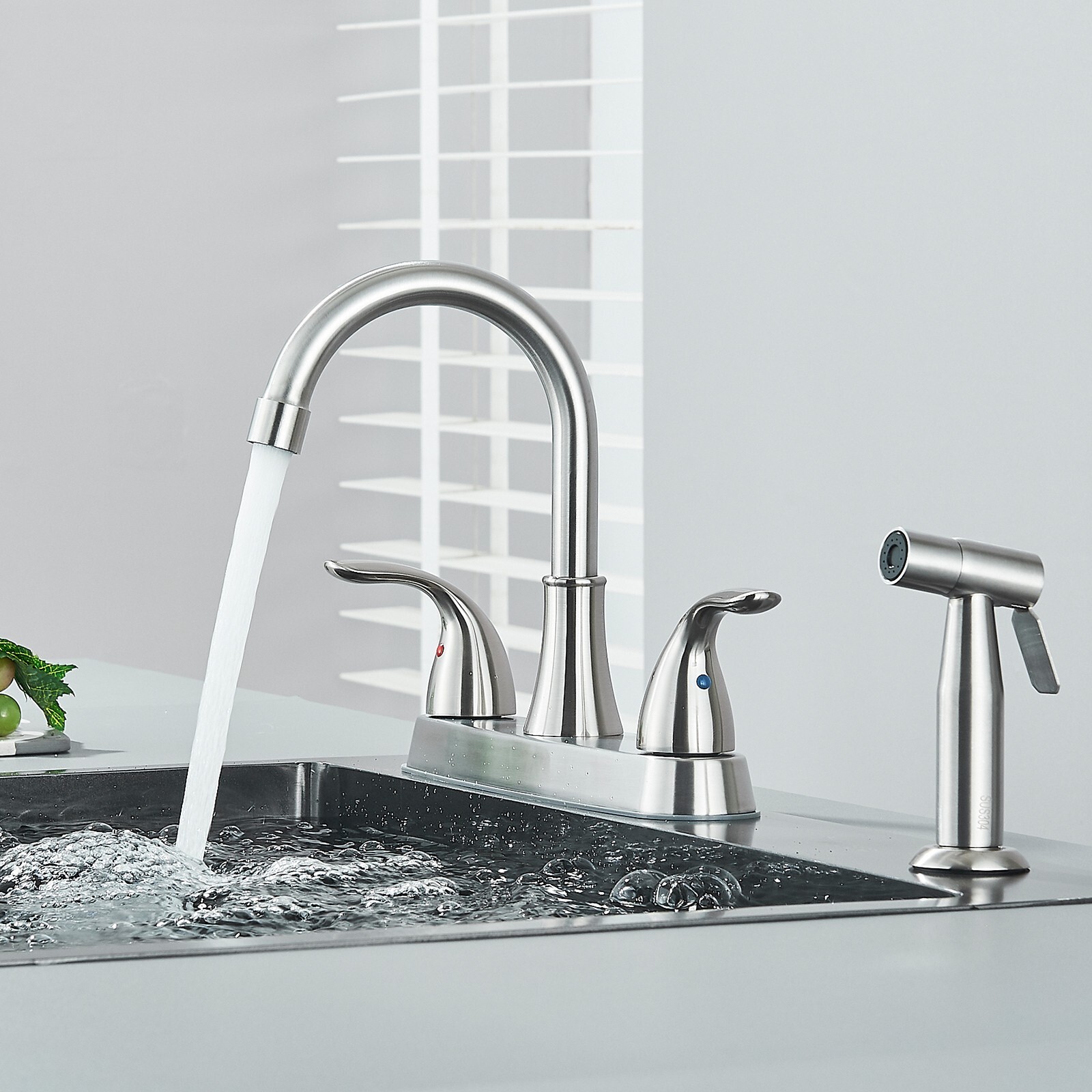 Brushed Nickel Kitchen Faucet 2Handle 4 Hole Sink Mixer Faucet with Side Sprayer
