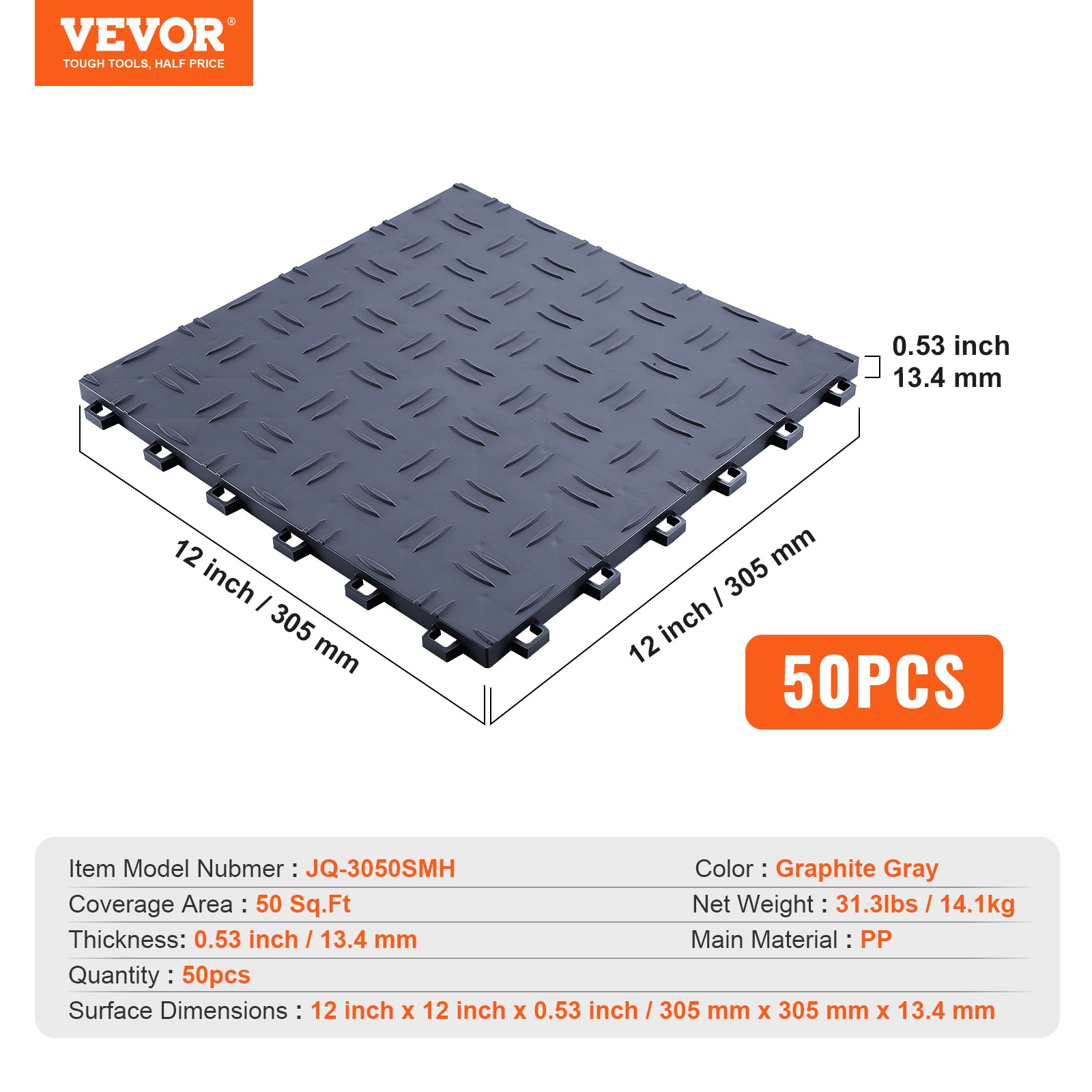 VEVOR Garage Tiles Interlocking 12×12 in 50 Pack Garage Flooring Tiles Gray
