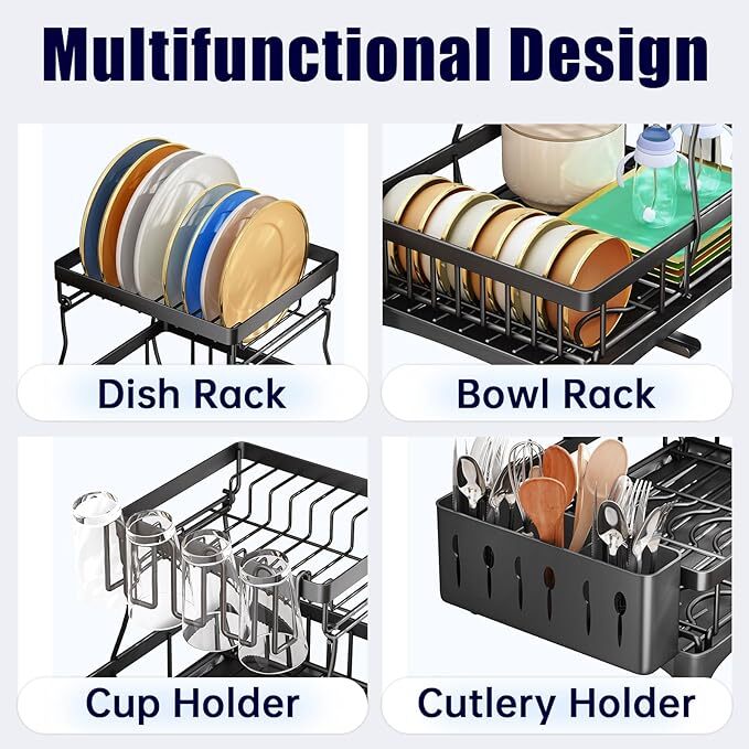 Over Sink Dish Drying Rack 2-Tier Stainless Steel Kitchen Shelf Cutlery Drainer