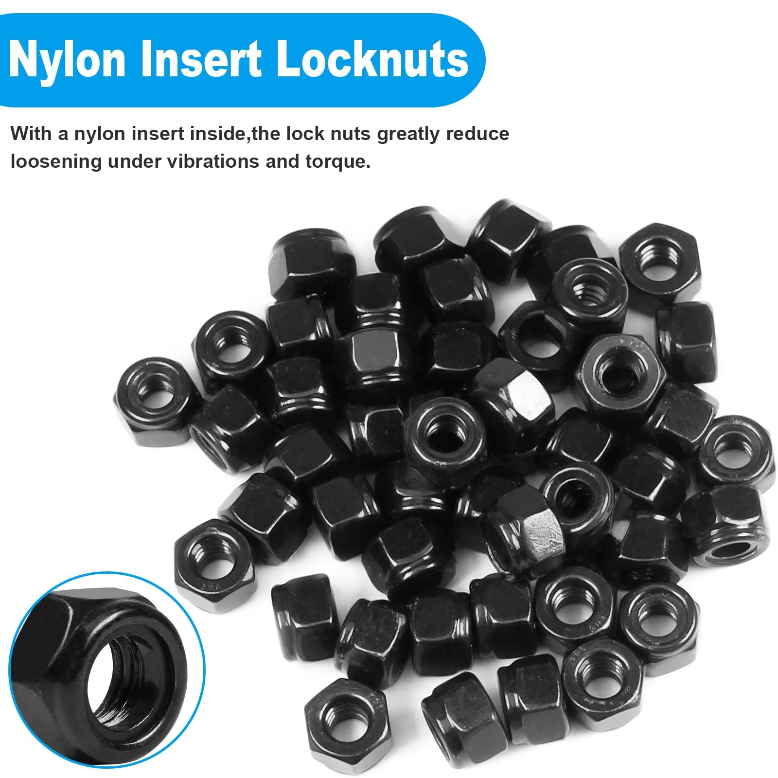 Yinpecly 50Pcs 1/4″-20 Nylon Insert Hex Lock Nuts 304 1/4″-20; 50pcs, Black