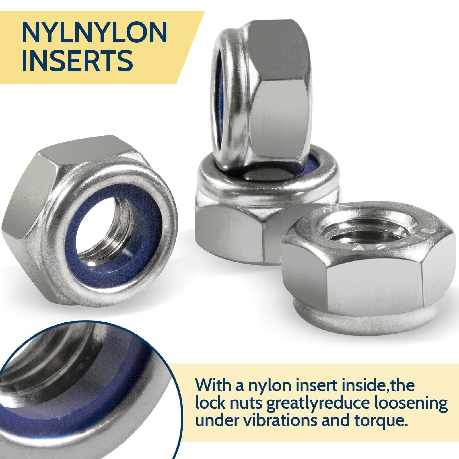 190 Pack M5-0.8mm Nylon Insert Hex Lock Nuts, 304 Stainless Steel A2-70 Lockn…