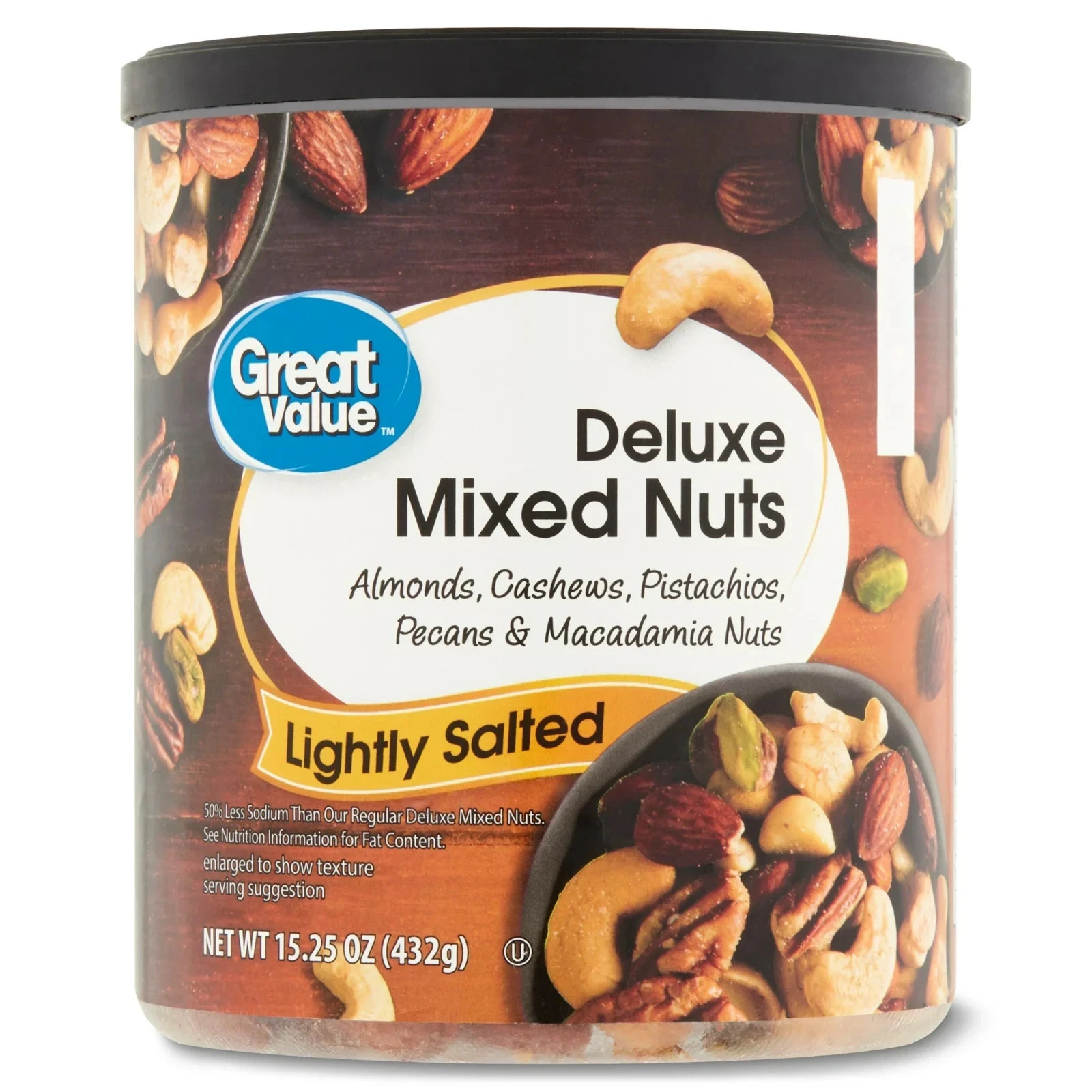 Great Value Lightly Salted, Deluxe Mixed Nuts, 15.25 oz, Free Shipping.