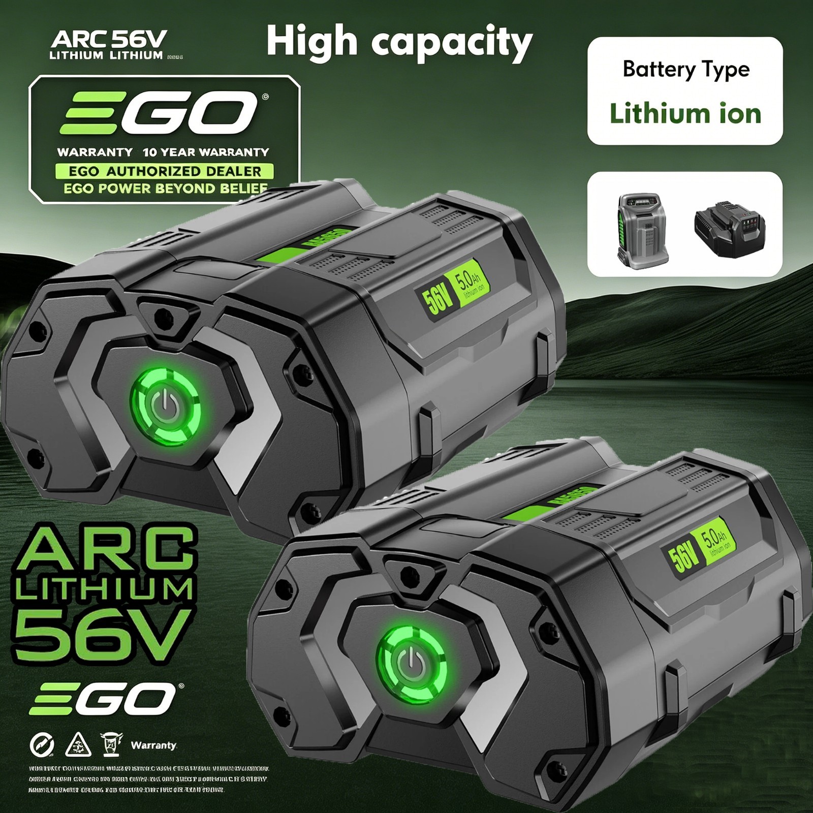 2PACK For EGO 56V 56Volt BA2800T POWER+ 5.0AH Battery Lithium Ion BA2240 BA1400T