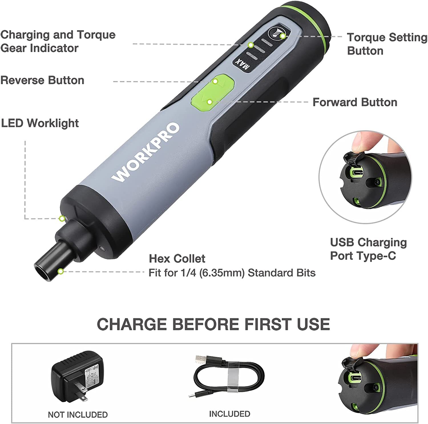 WORKPRO 4V Electric Screwdriver Cordless Screwdriver Set w/35 Bits Extension Rod