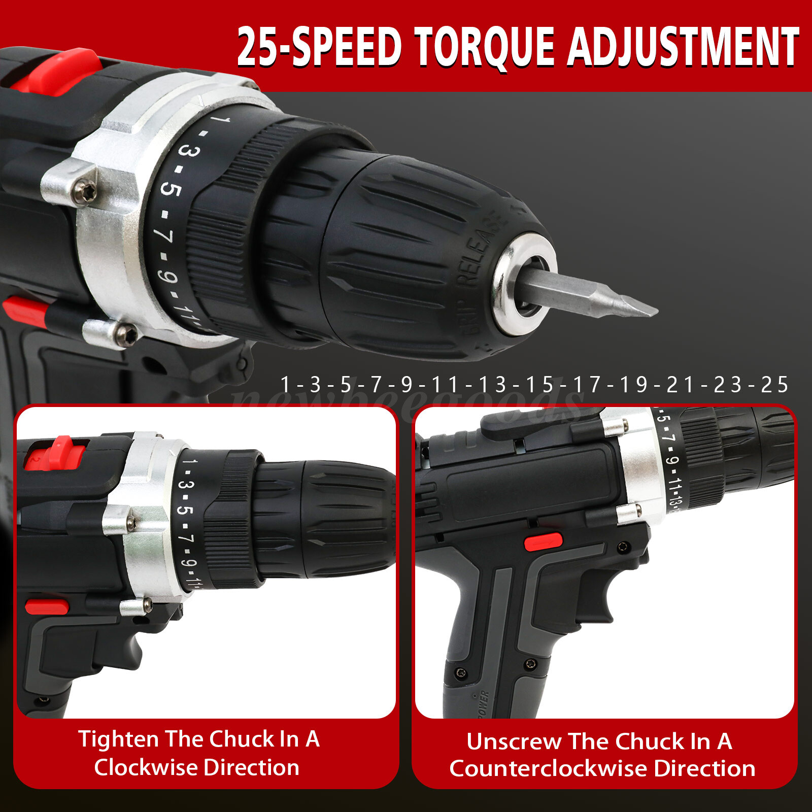 21V Electric Drill 3/8″ Power Cordless Screwdriver Drill Set with 2 Battery Kit
