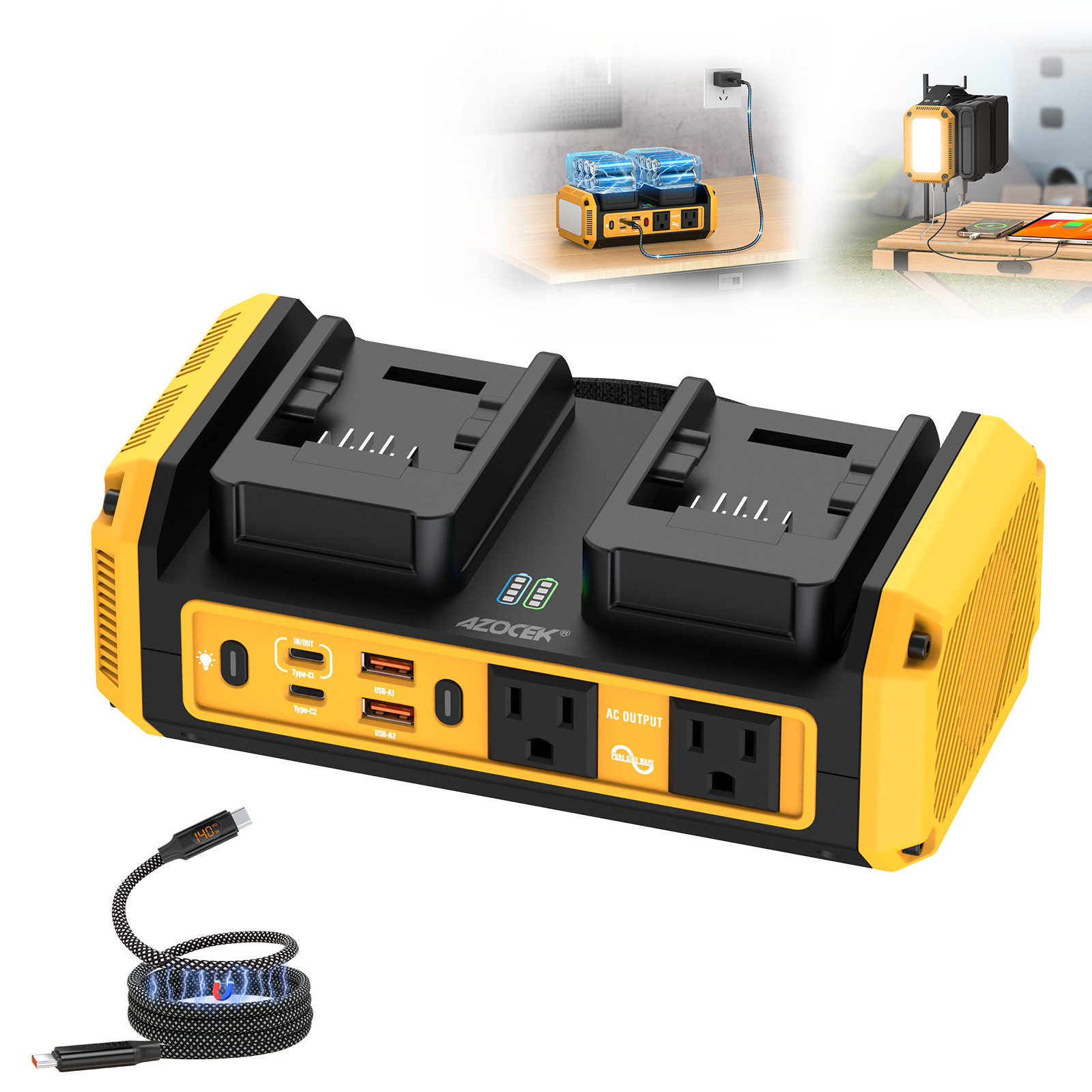 350W Power Pure Sine Wave Inverter Compatible with Dewalt 20V Battery,USB Type-C