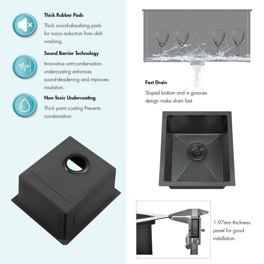 Attop 15″ Undermount Single Bowl 18-Gauge Nano Black Stainless Steel Sink