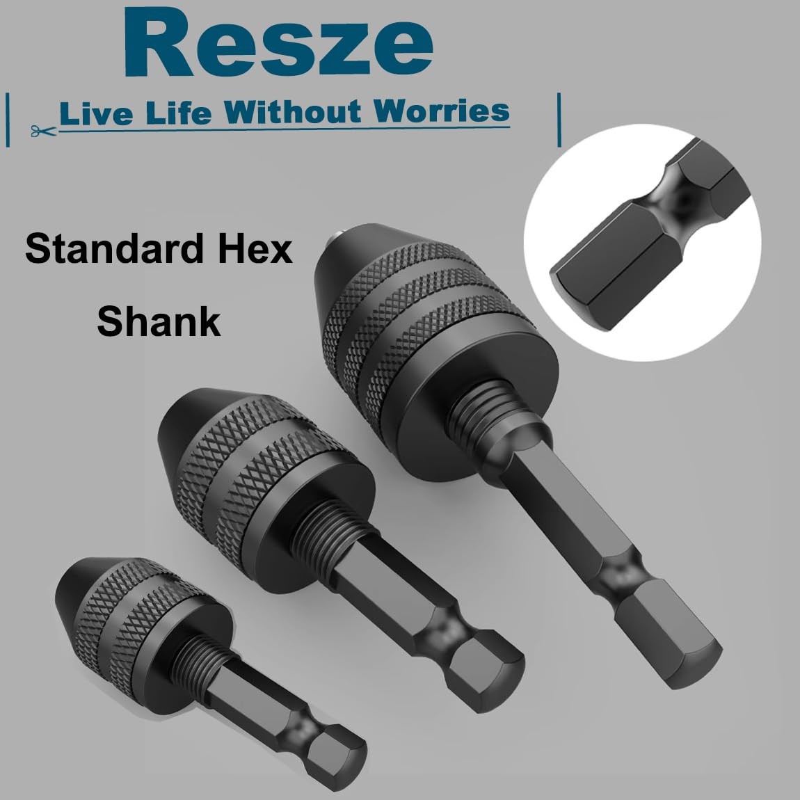 Resze Keyless Drill Chuck Adapter – 3Pcs Chucks for Impact Black