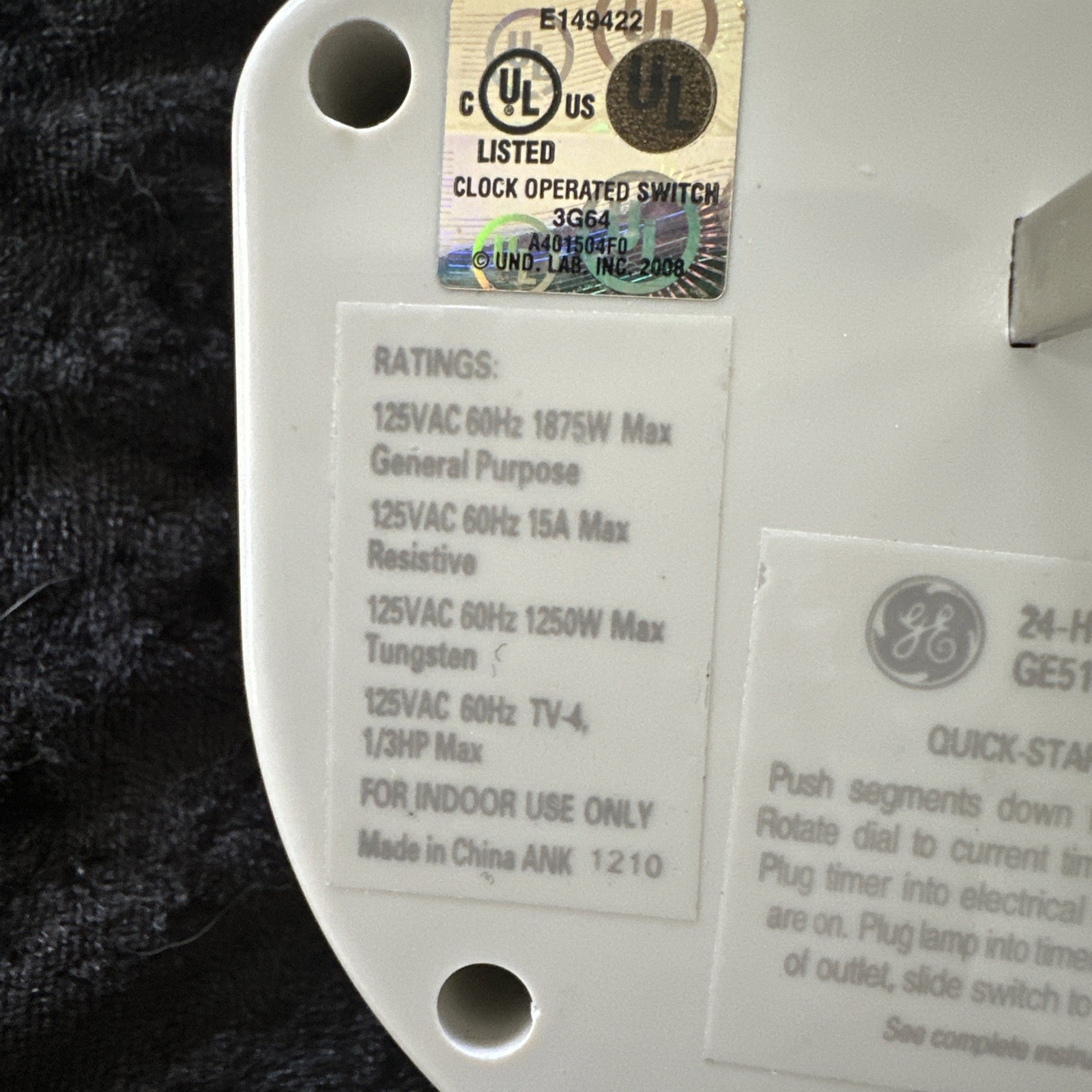 GE – 24 Hour Security Timer Model No. GE510N Power Saver Indoor Use (SM1)