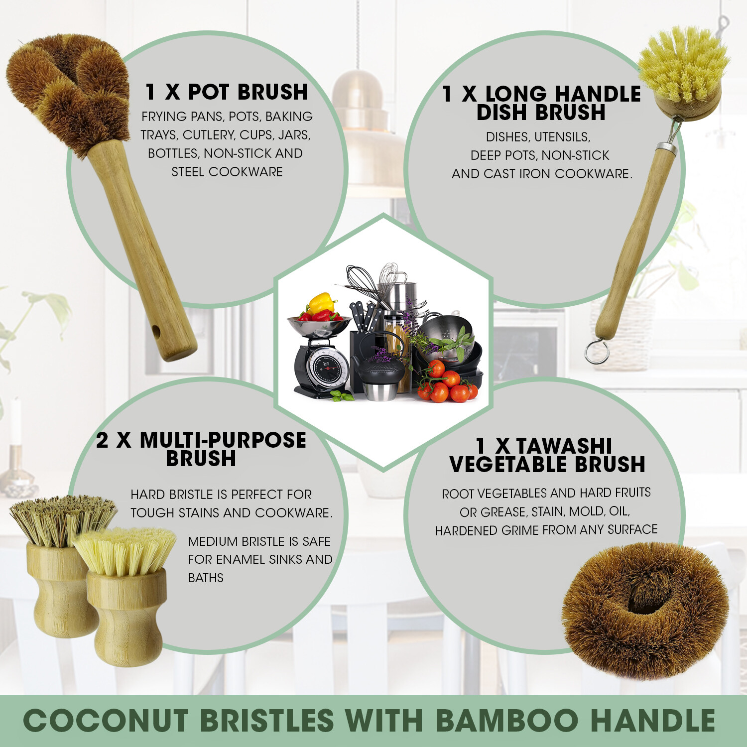 Bamboo Dish Brush Set for Eco-friendly Home Wooden Kitchen Cleaning Set 5 Pieces
