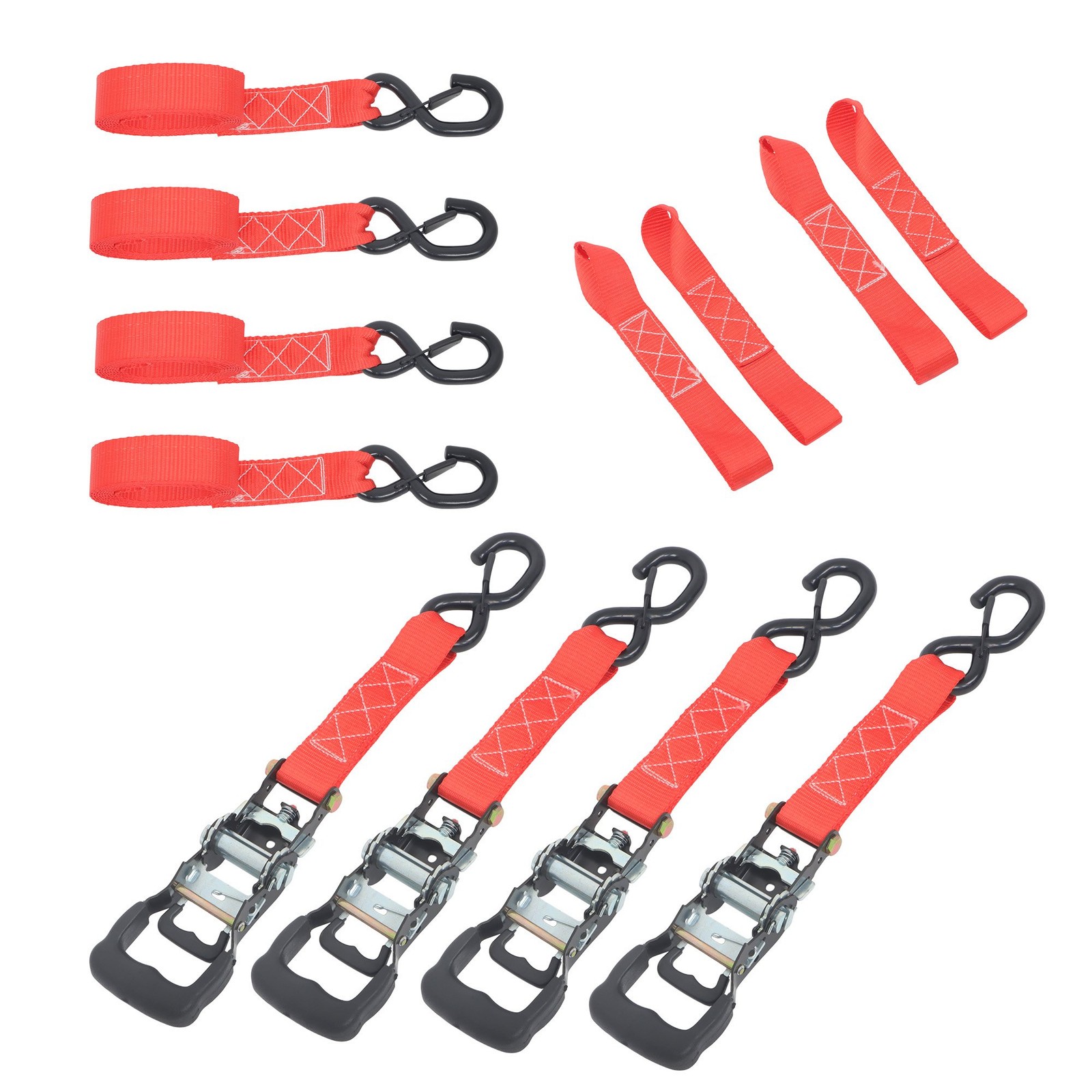 4 Pack 1.6″ x 8′ Ratchet Tie Down Straps Red 5208 lbs Break Strength w/ S Hooks