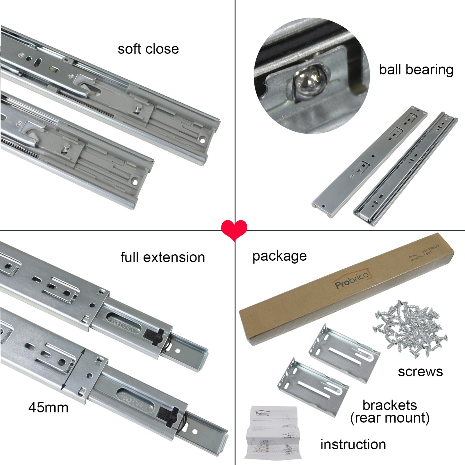 12-22In Soft Close Full Extension Drawer Slides Rear Mount Ball Bearing+Brackets