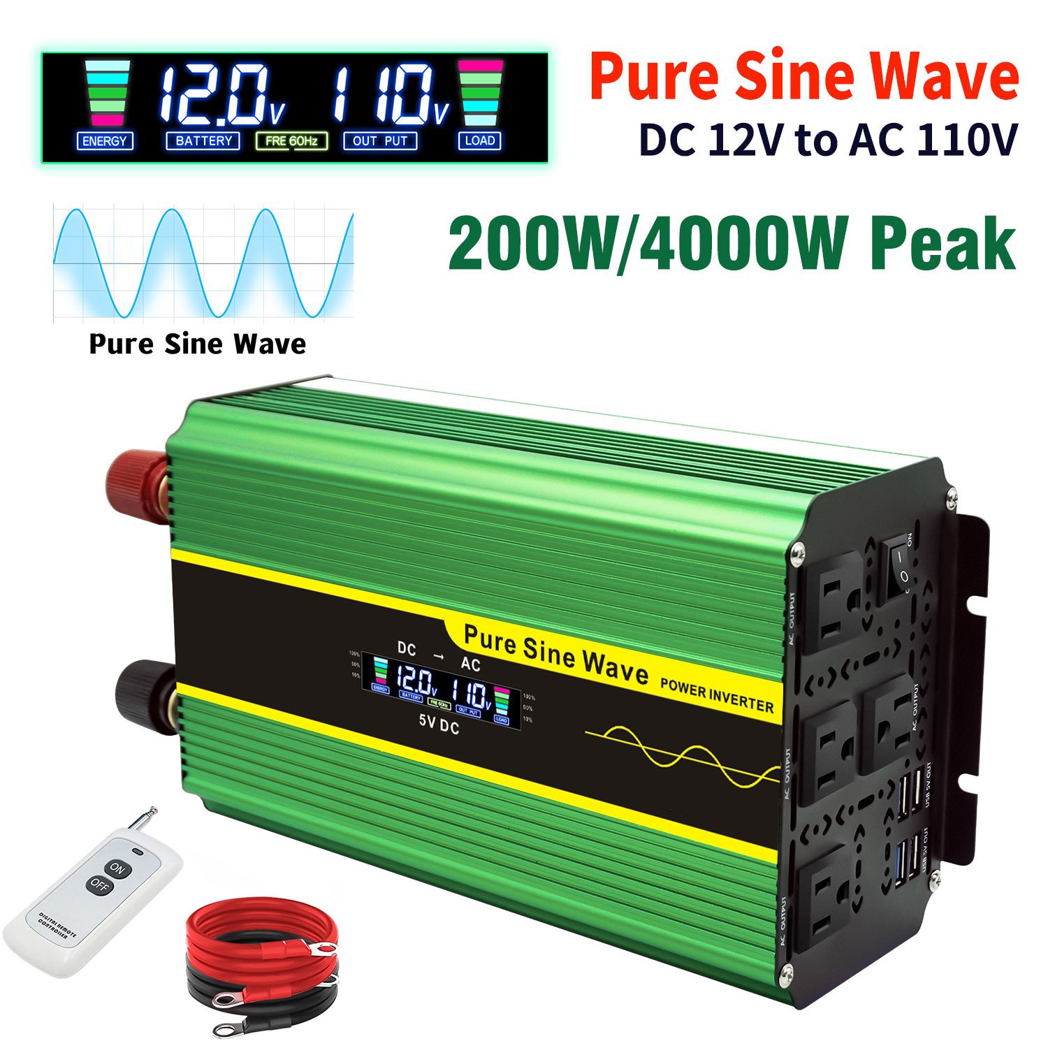 2000W 4000W 12V to 110V Pure Sine Wave Power Inverter Converter 4AC 4USB Remote