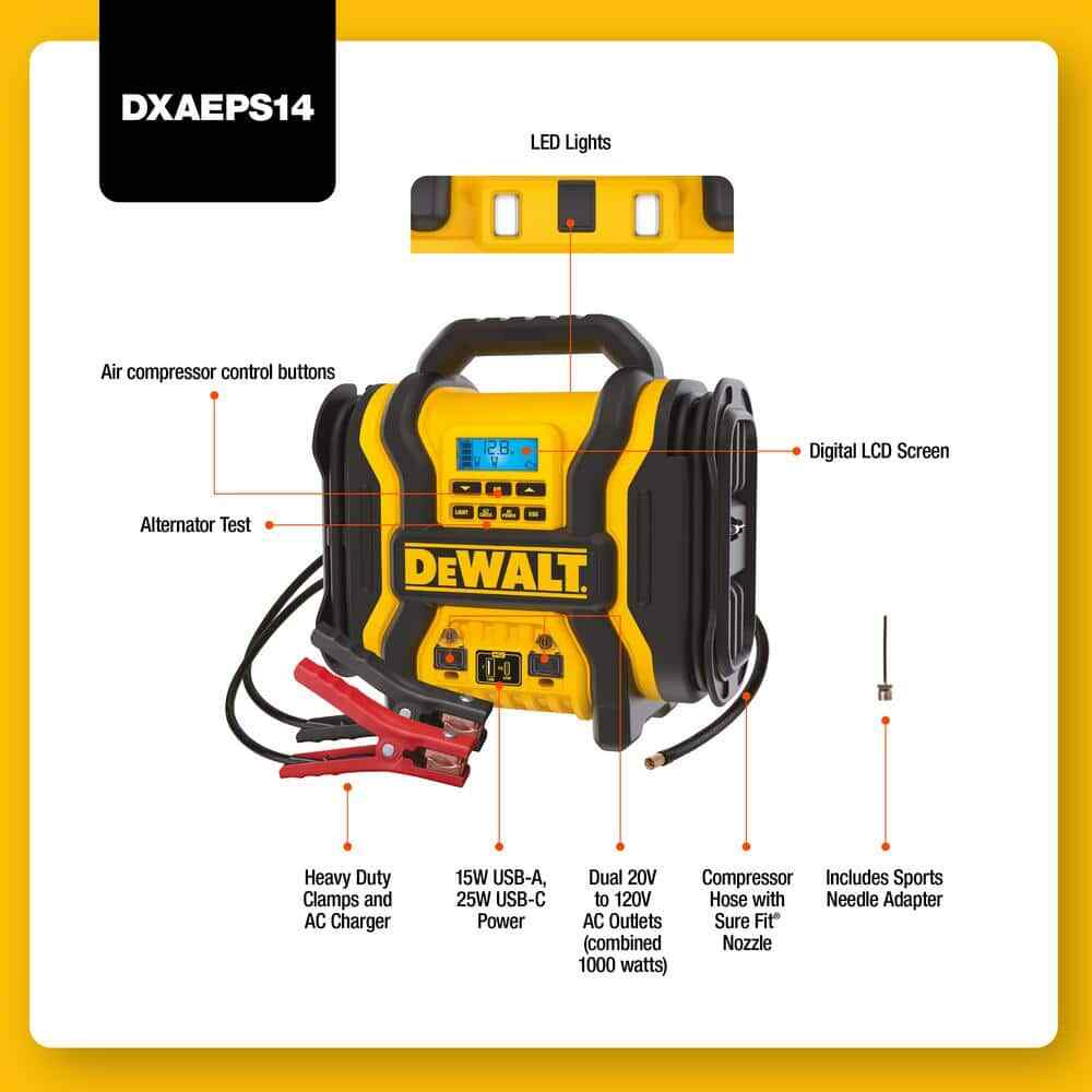 DEWALT Portable Power 2000 Peak Amp Jump Starter w/Digital Compressor