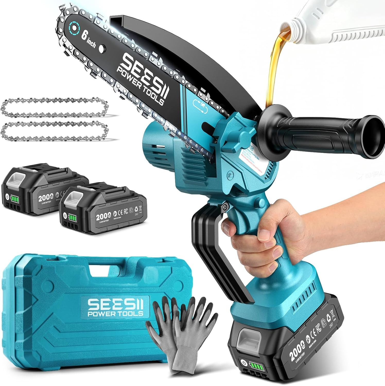 6″ Mini Cordless Chainsaw 900W Electric Pruning Saw w/ 2 Batteries Kit