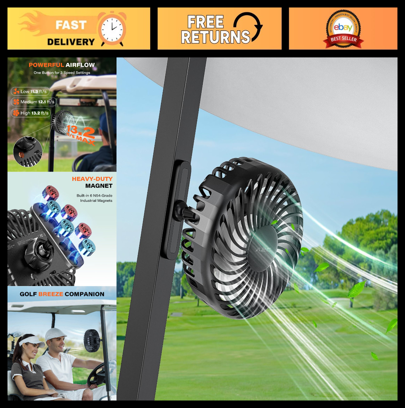 Rechargeable Magnetic Base Golf Cart Fan – Portable, 3 Speeds, 4000 RPM Airflow,