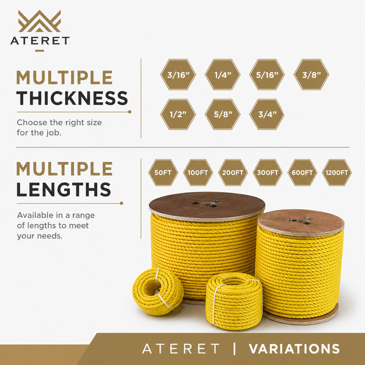 ATERET Twisted 3-Strand YELLOW Polypropylene Rope Monofilament ALL SIZES