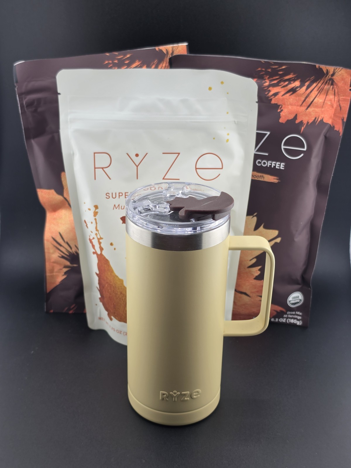 Ryze Mushroom Coffee (2) 6.3 oz, Ryze Creamer And Ryze Tumbler (New)