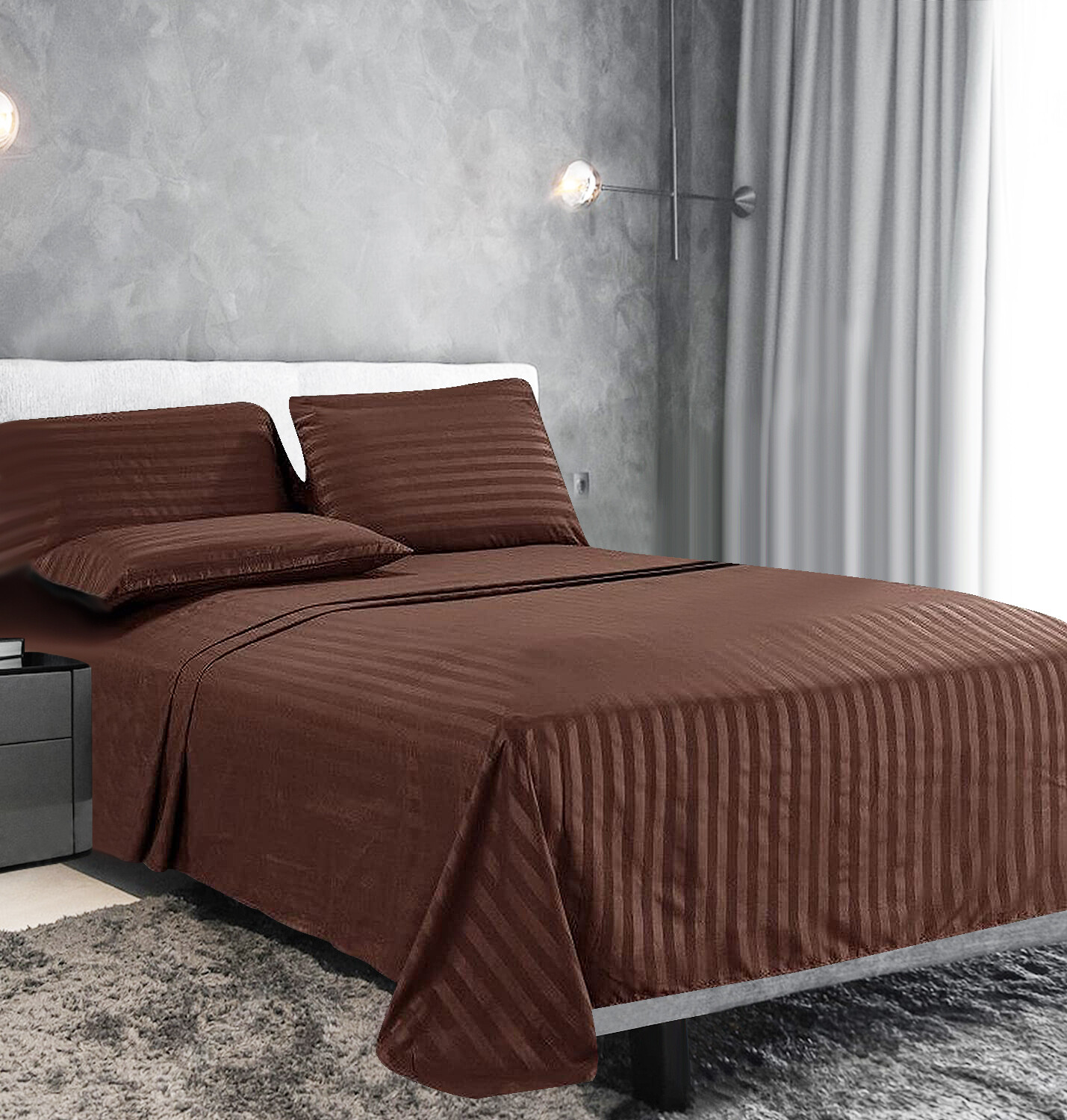 Fine 400 Thread Count 100% Cotton Sateen Bed Sheet Dobby Stripe