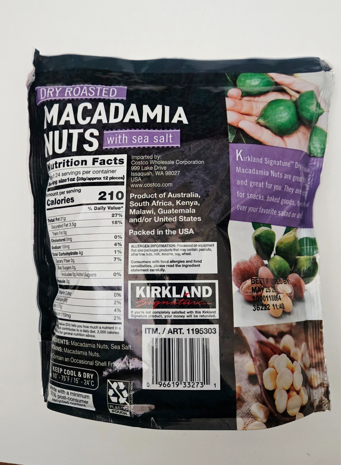 Kirkland Signature Dry Roasted Macadamia Nuts Sea Salt 2 x 24oz Bag 1.5lb