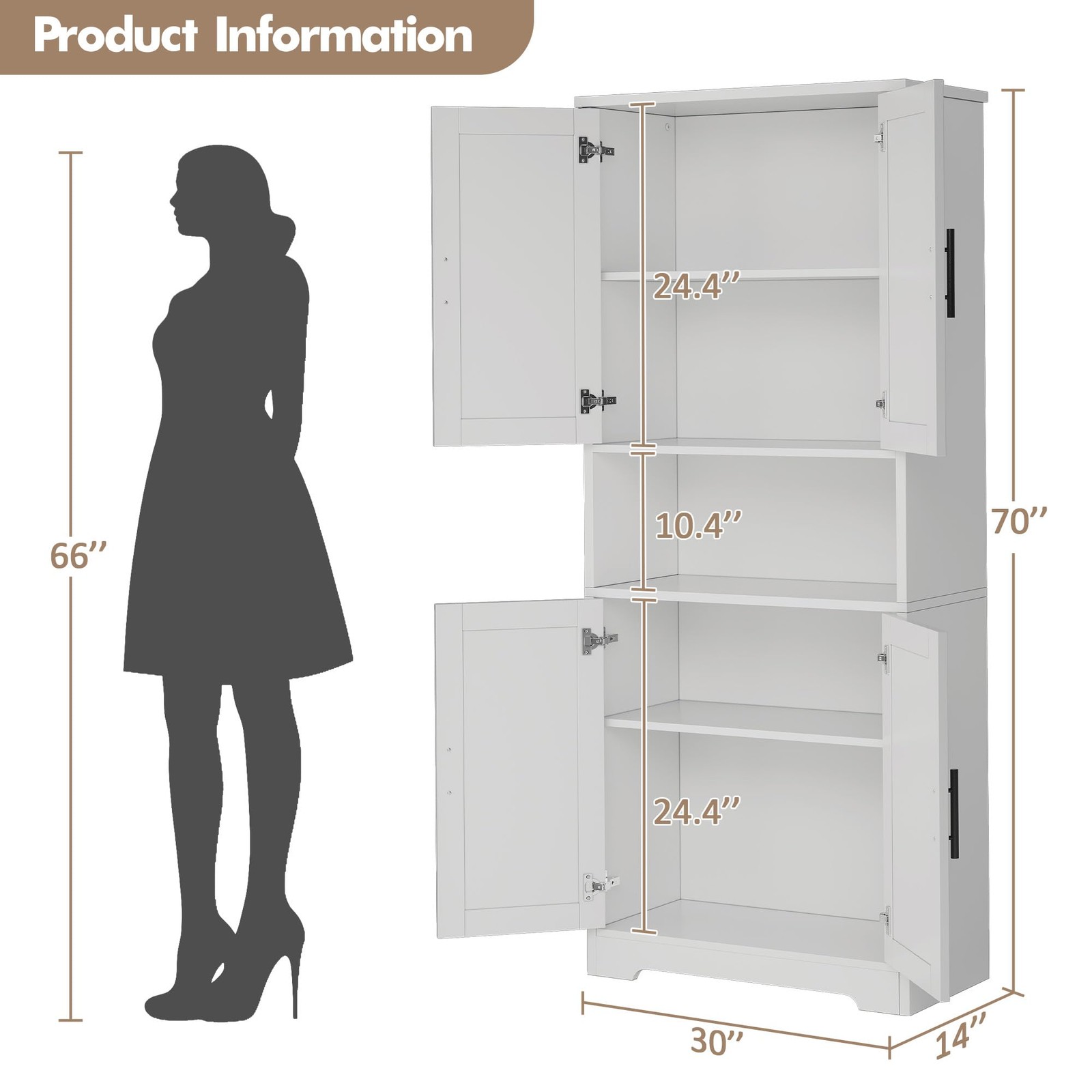 70” Tall Kitchen Pantry Cabinet Freestanding Storage Cabinet Adjustable Shelves
