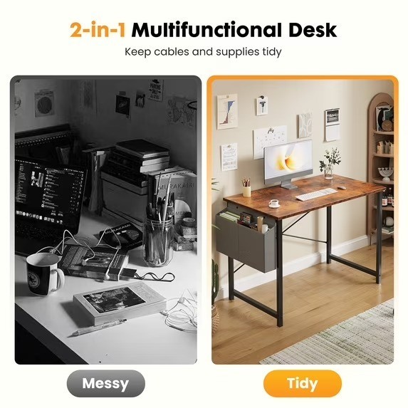 Computer Writing Desk with Storage Bag, Steel Frame for Home Office Study