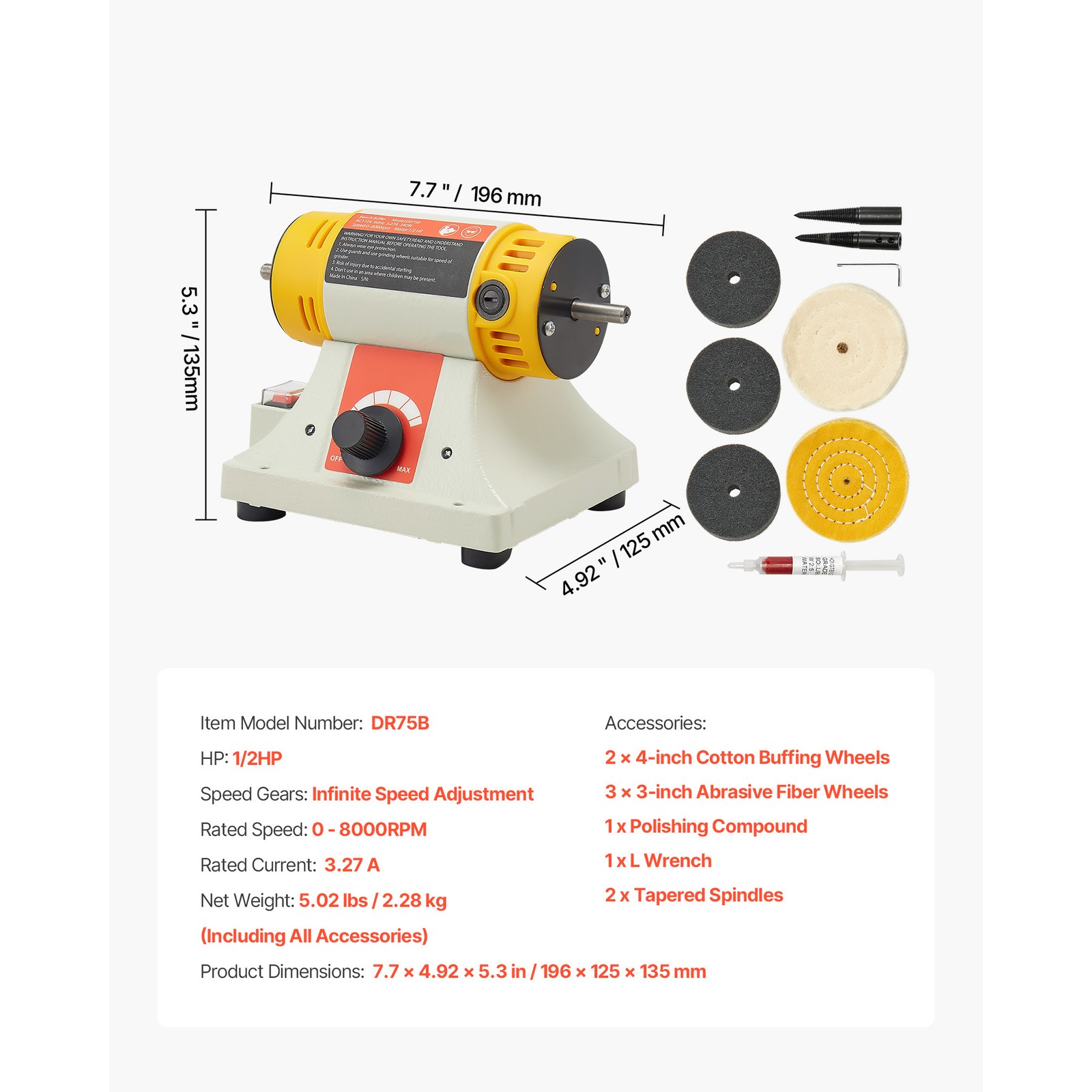 Uimoso 1/2HP Bench Buffer Polisher,Adjustable Speed 0-8000RPM, 3 & 4-inch Wheels
