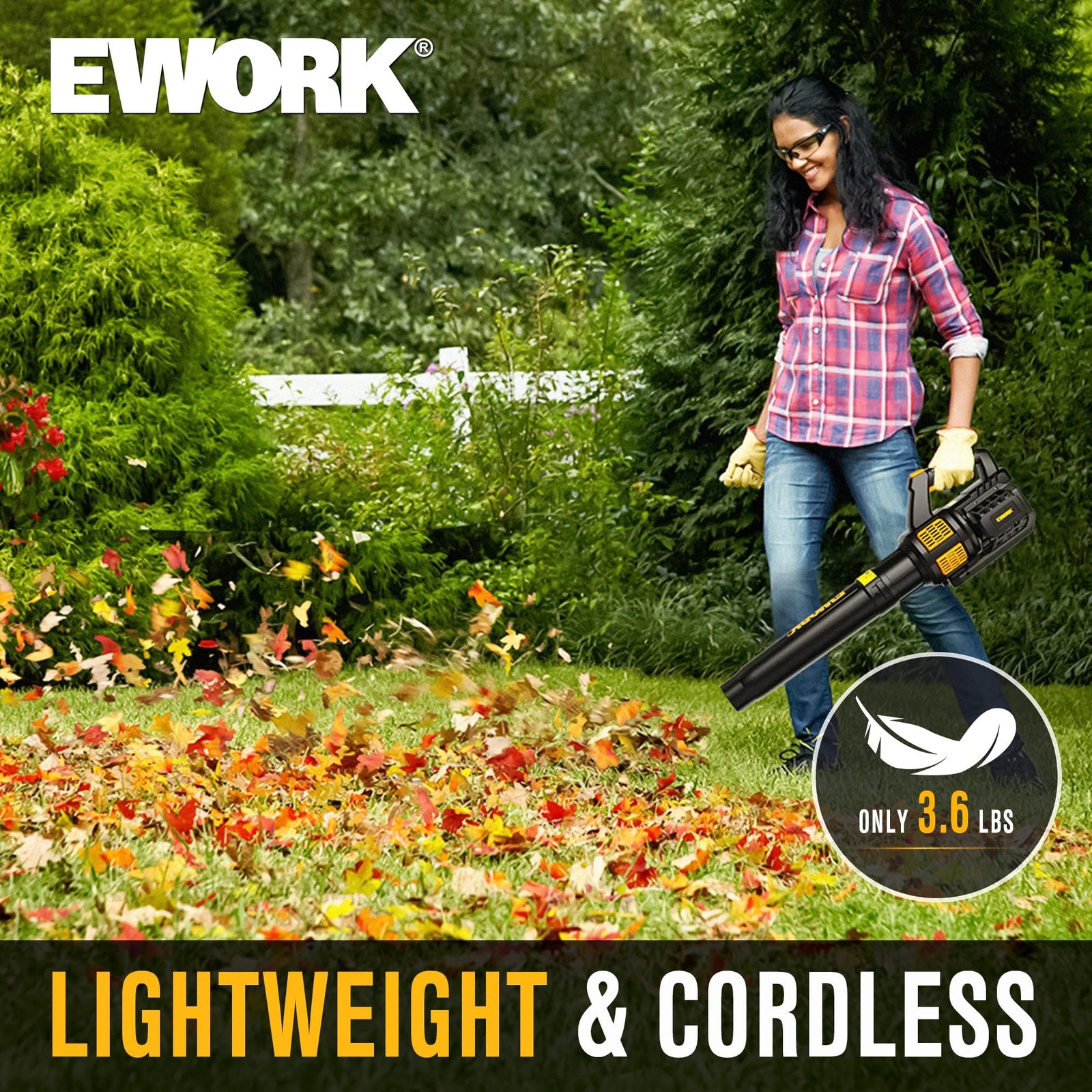 EWORK 20V Cordless Leaf Blower, 550CFM 150MPH Turbo, 2×4.0Ah Batteries & Fa