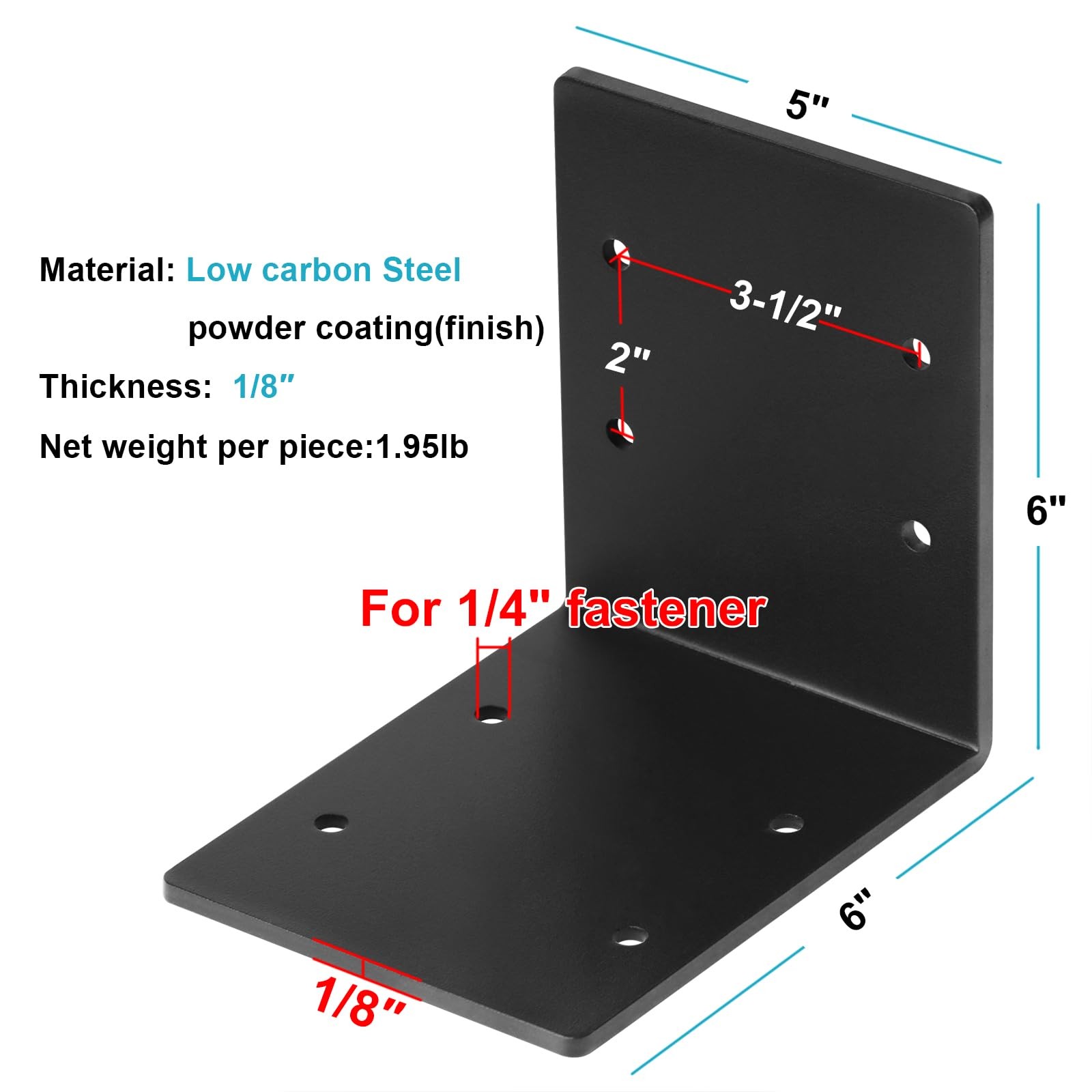 4 PCS 6″ Black Heavy Duty L Angle Bracket, Corner Brace for Timber Frame