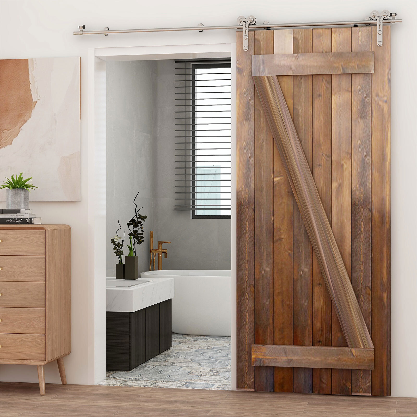 CCJH 4FT-16FT Stainless Steel Sliding Barn Door Hardware Kit Track for Wood Door