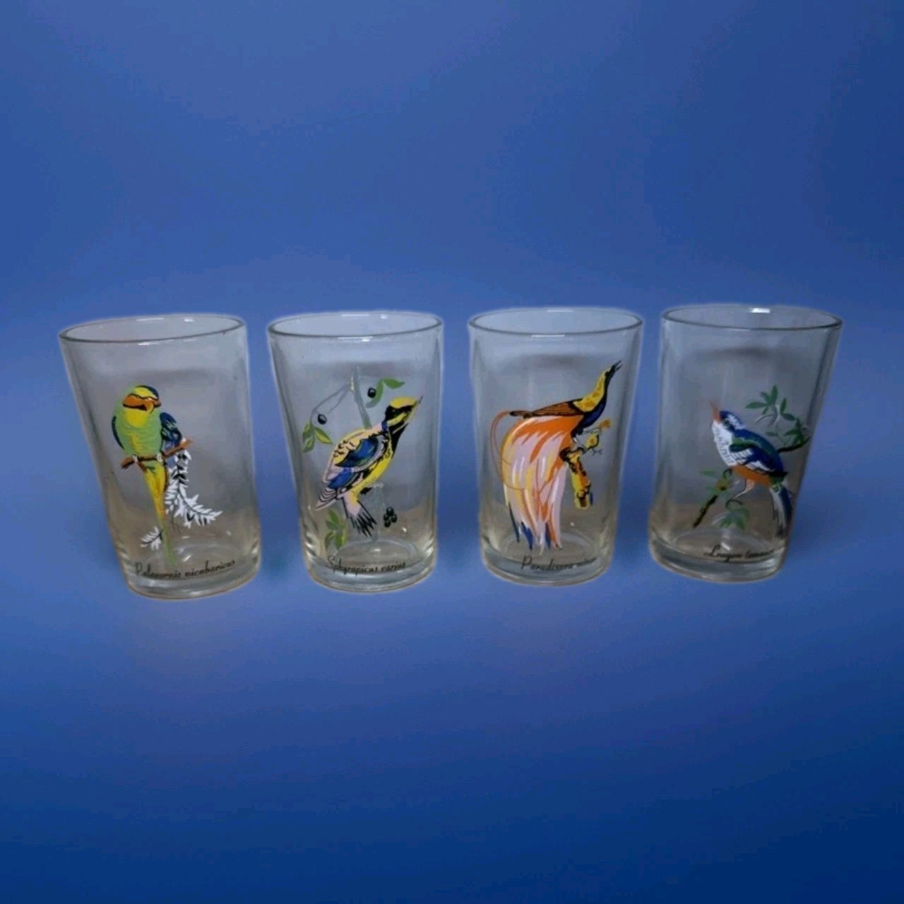 VINTAGE Crystal Emporium Bird Glasses Set 4 Tumblers Exotic Birds KIG Malaysia