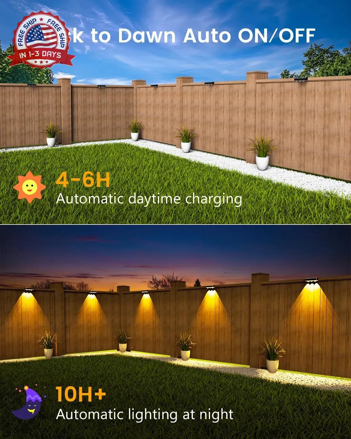 JOFIOS Solar Fence Lights Outdoor Waterproof Led, 12Pack,1300mAh,6 Inch Solar Li
