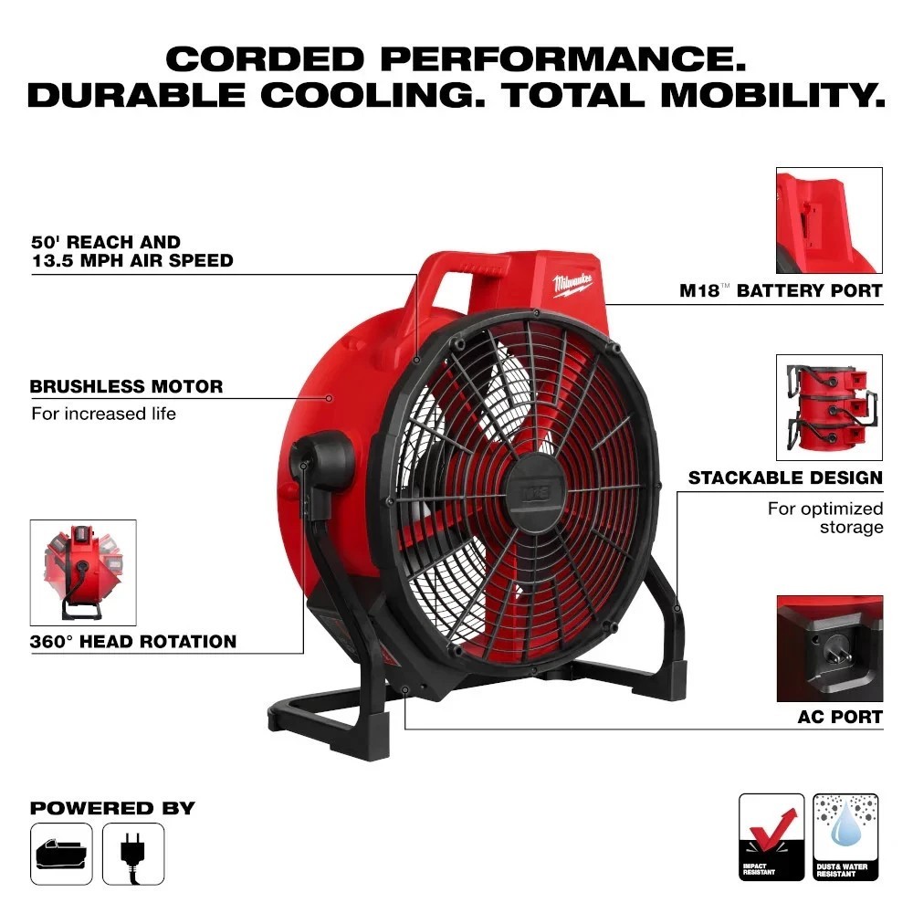 Milwaukee 0821-20 M18 18V 18″ Brushless Cordless Fan – Bare Tool