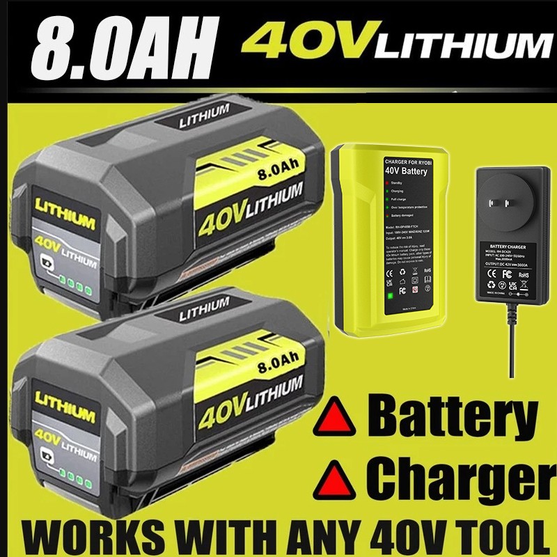 8.0Ah Battery 40 Volt for Ryobi 40V Lithium OP40602 Battery with LED / Charger