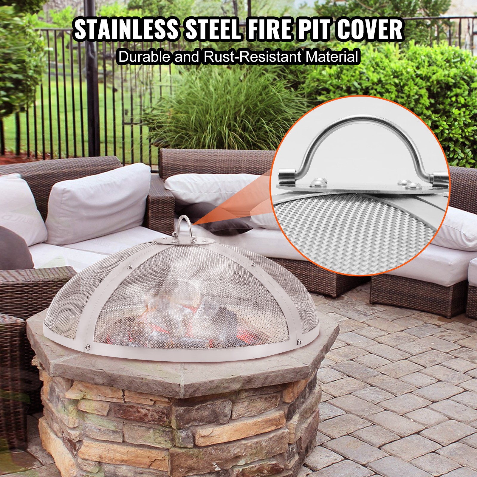 VEVOR 27″ Round Fire Pit Spark Screen Cover Lid Stainless Steel Wood Burning