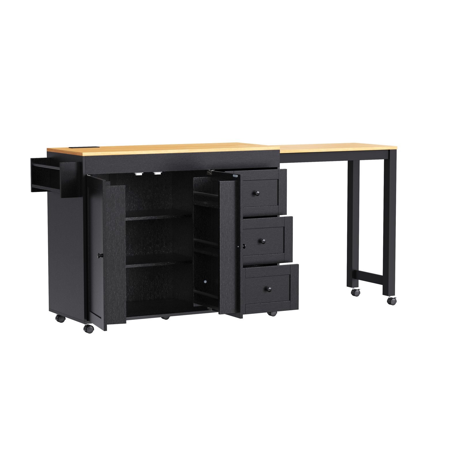 74.8 Inch Kitchen Island with Extendable Dining Table Rolling Storage Cart Power