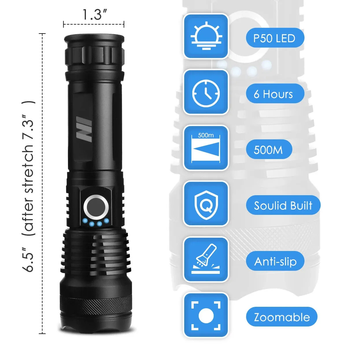 Flashlight LED Aluminum Zoomable 1200 Lumens, 26650 lithium Rechargeable Battery