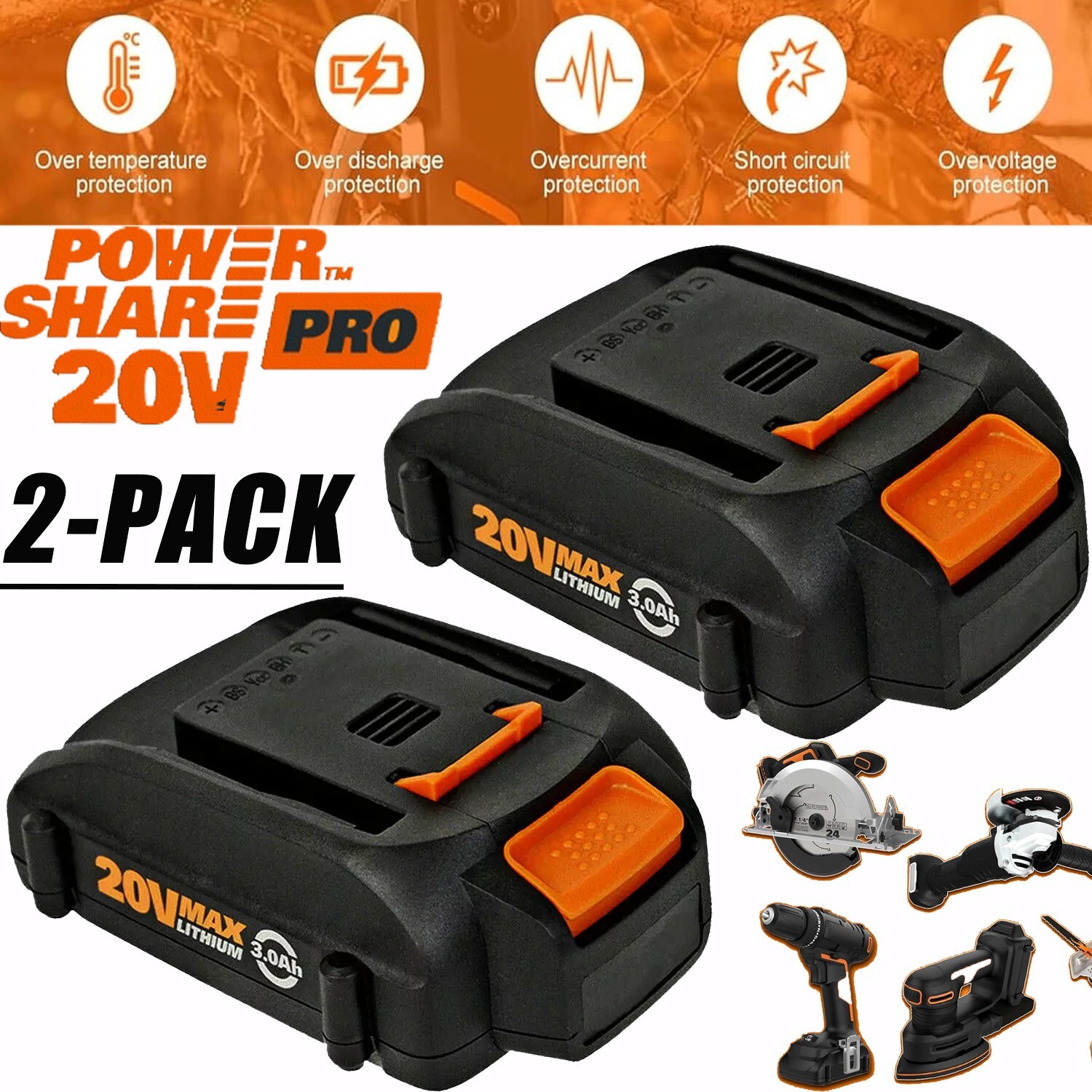 2PACK 8.0Ah For WORX 20V 8AH MAX Extend Lithium-Ion Battery WA3525 WA3575 WA3520