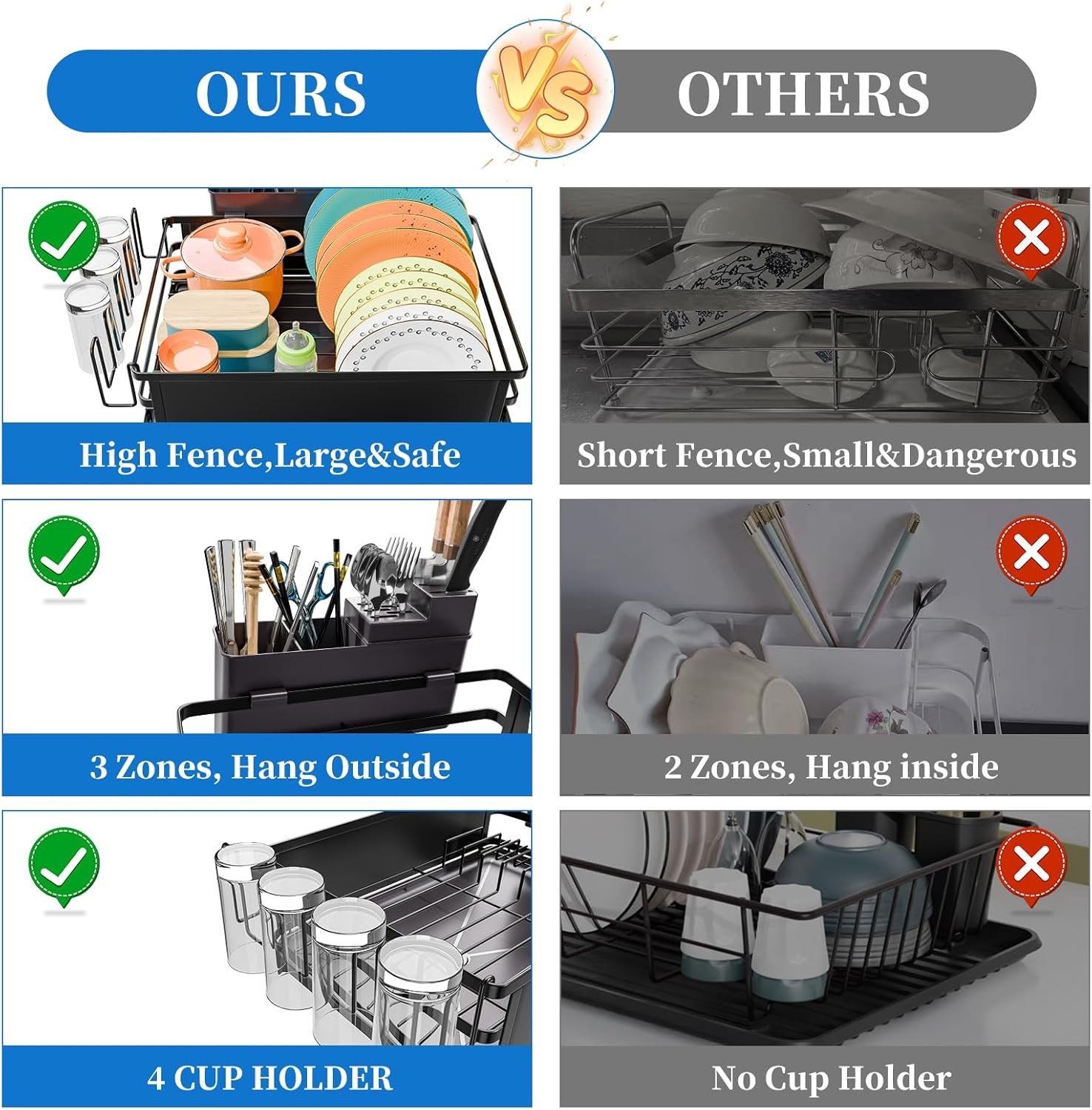 Dish Rack,Steel Dish Drying Rack for Kitchen Counter,Dish Drainer-Large Capacity
