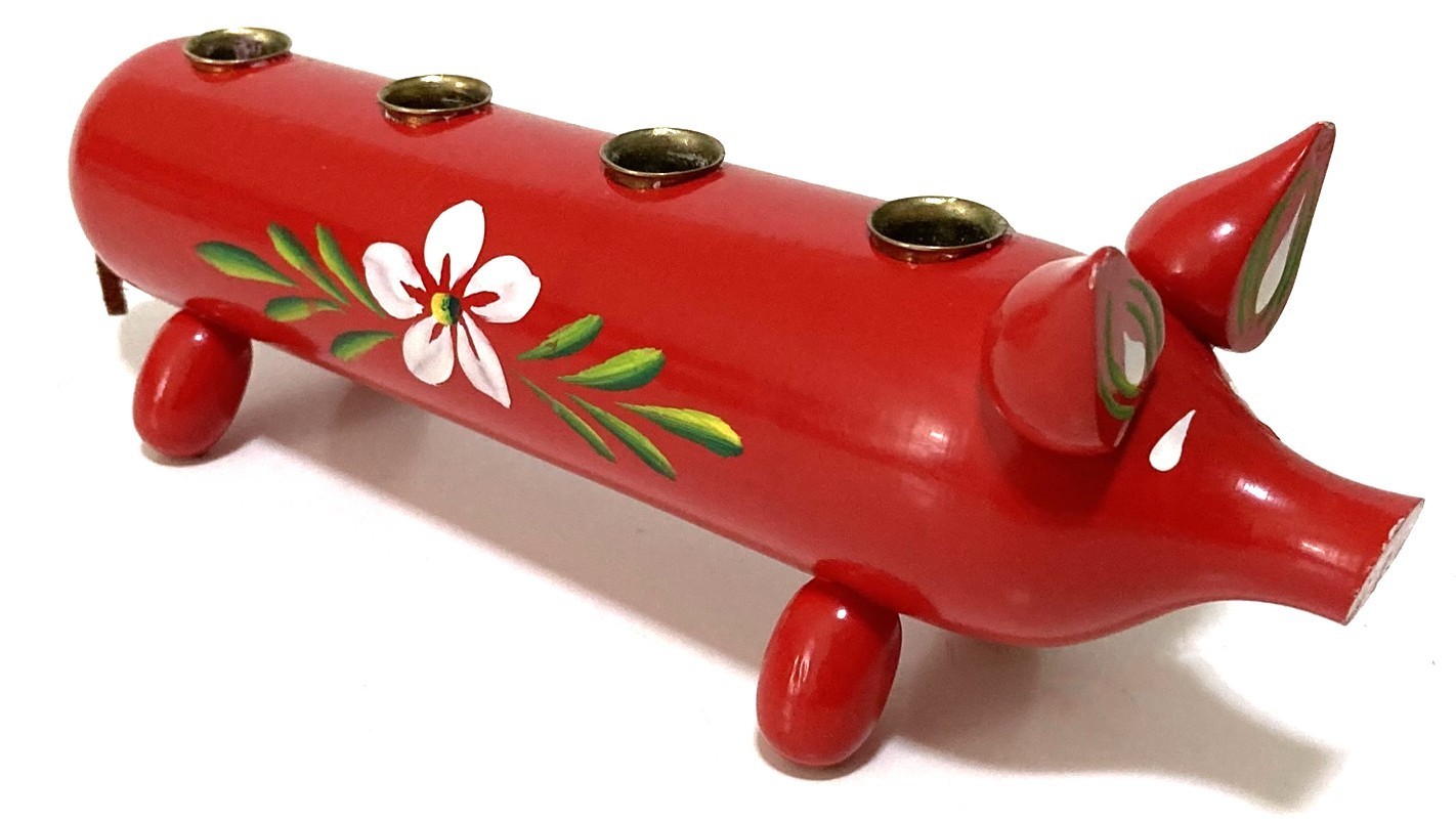 Red Wooden Pig Candle Holder 7.75″L Sweden Hand Painted Flowers Folk Art